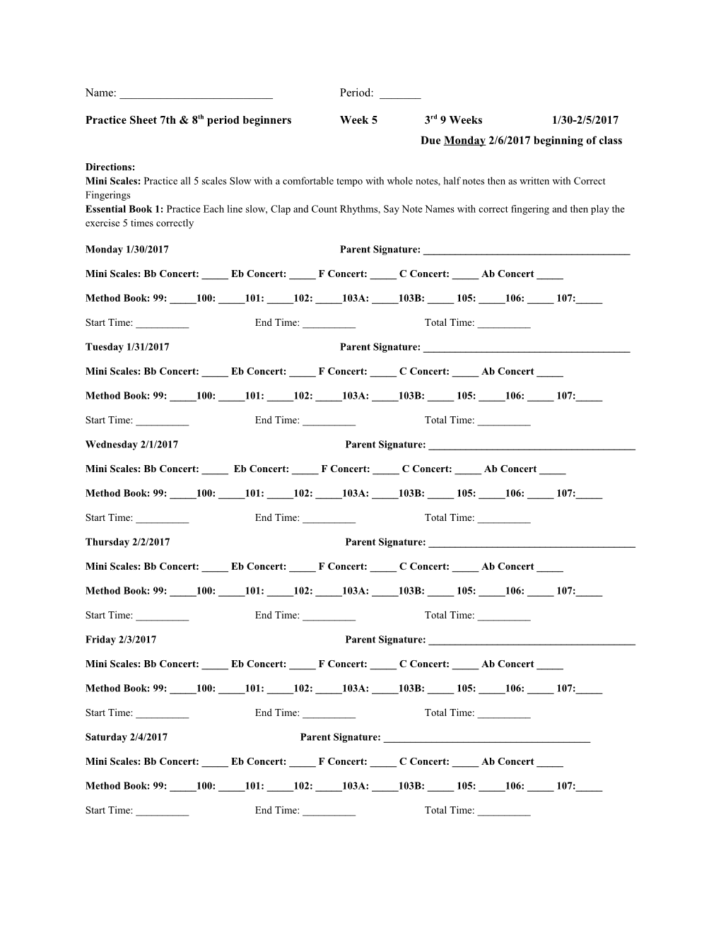 Practice Sheet 7Th & 8Th Period Beginners Week 53Rd 9 Weeks 1/30-2/5/2017