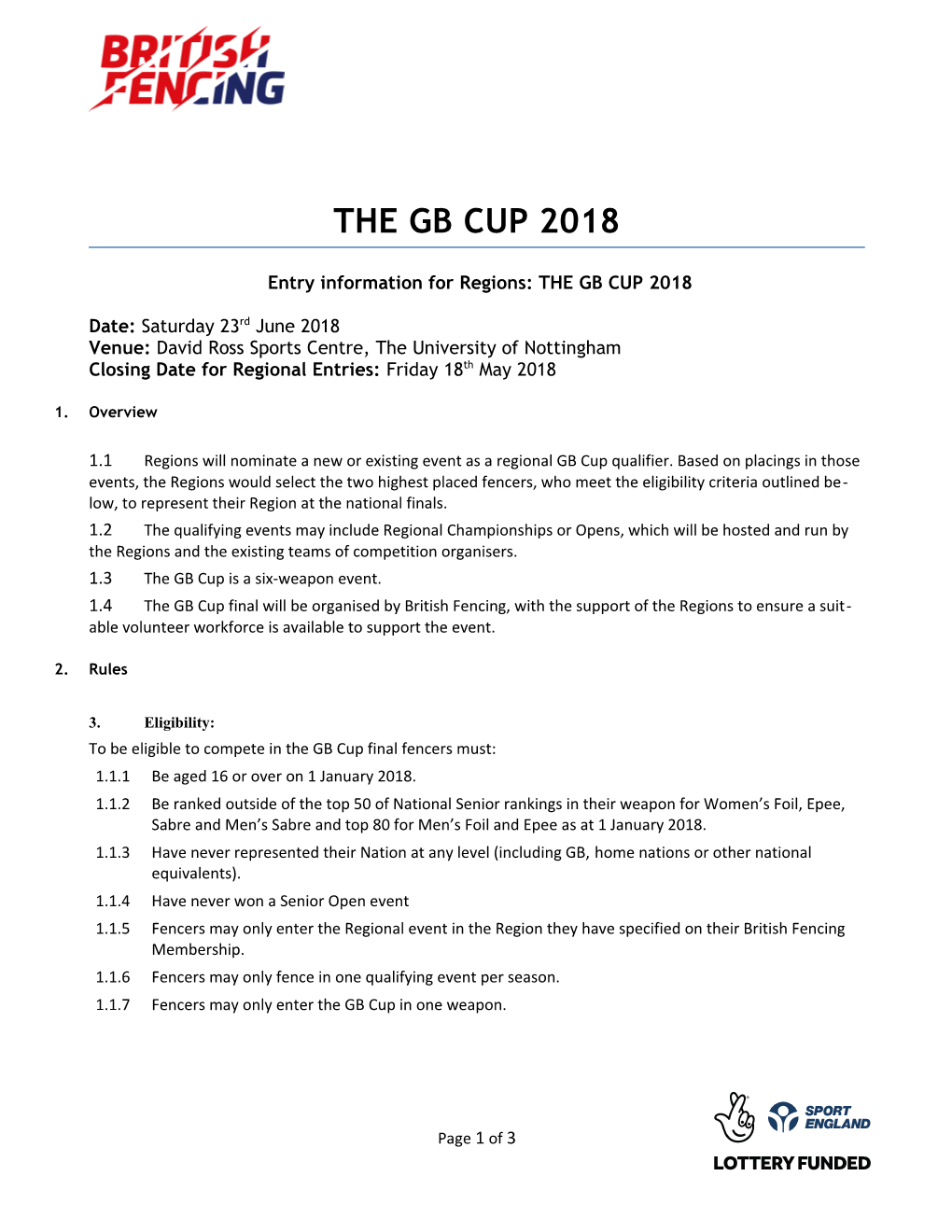 Entry Information for Regions: the GB CUP 2018