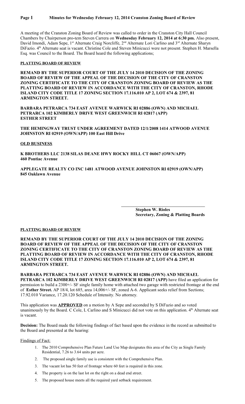 Page 2 Minutes for Wednesday February 12, 2014 Cranston Zoning Board of Review