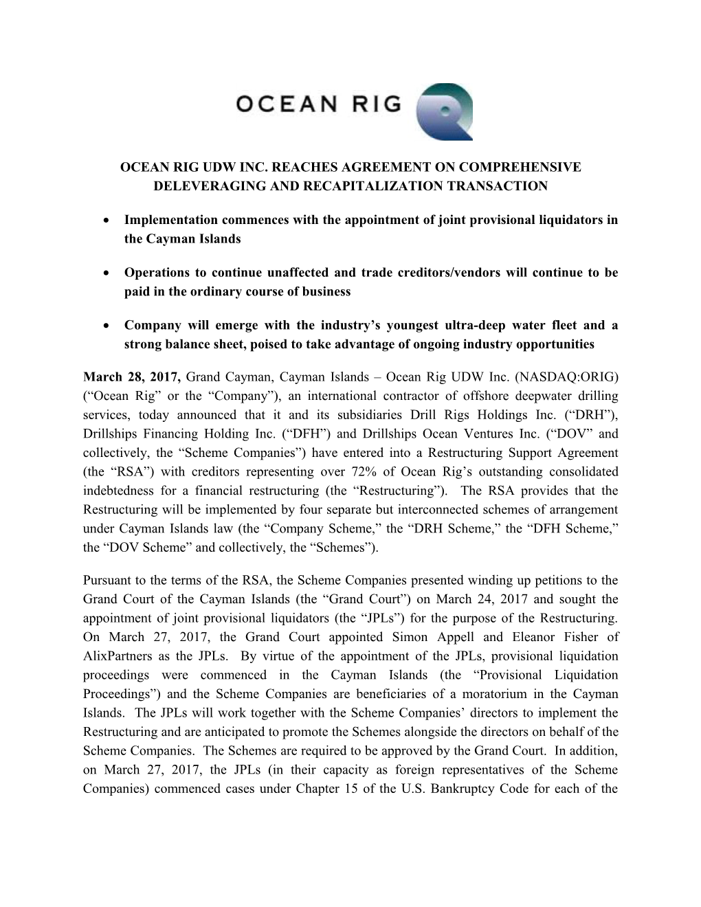 Ocean Rig Udw Inc. Reaches Agreement on Comprehensive Deleveraging and Recapitalization