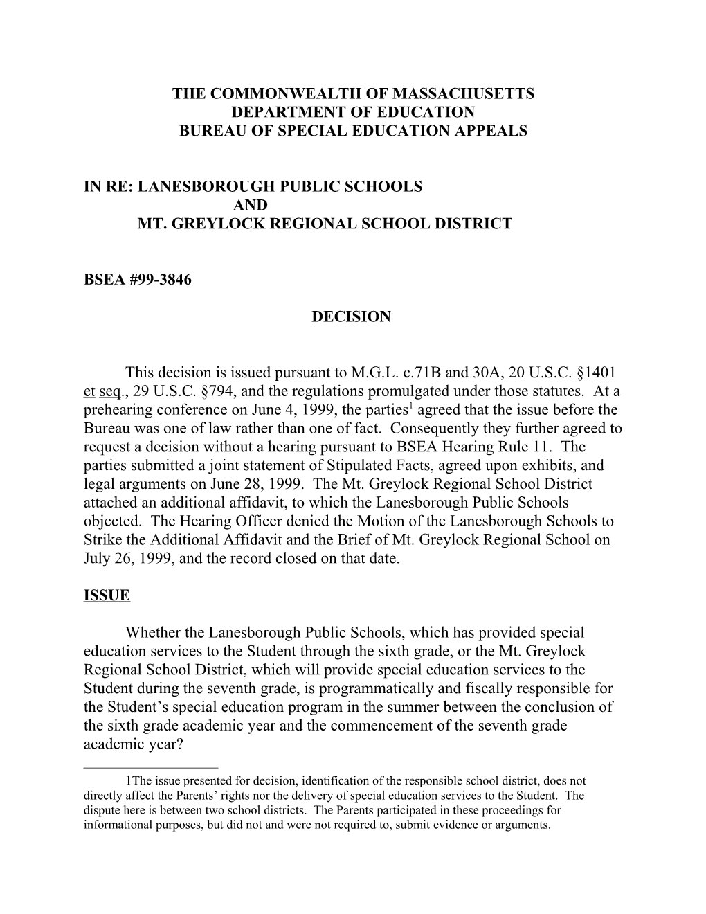 Special Education Appeals BSEA #99-3846