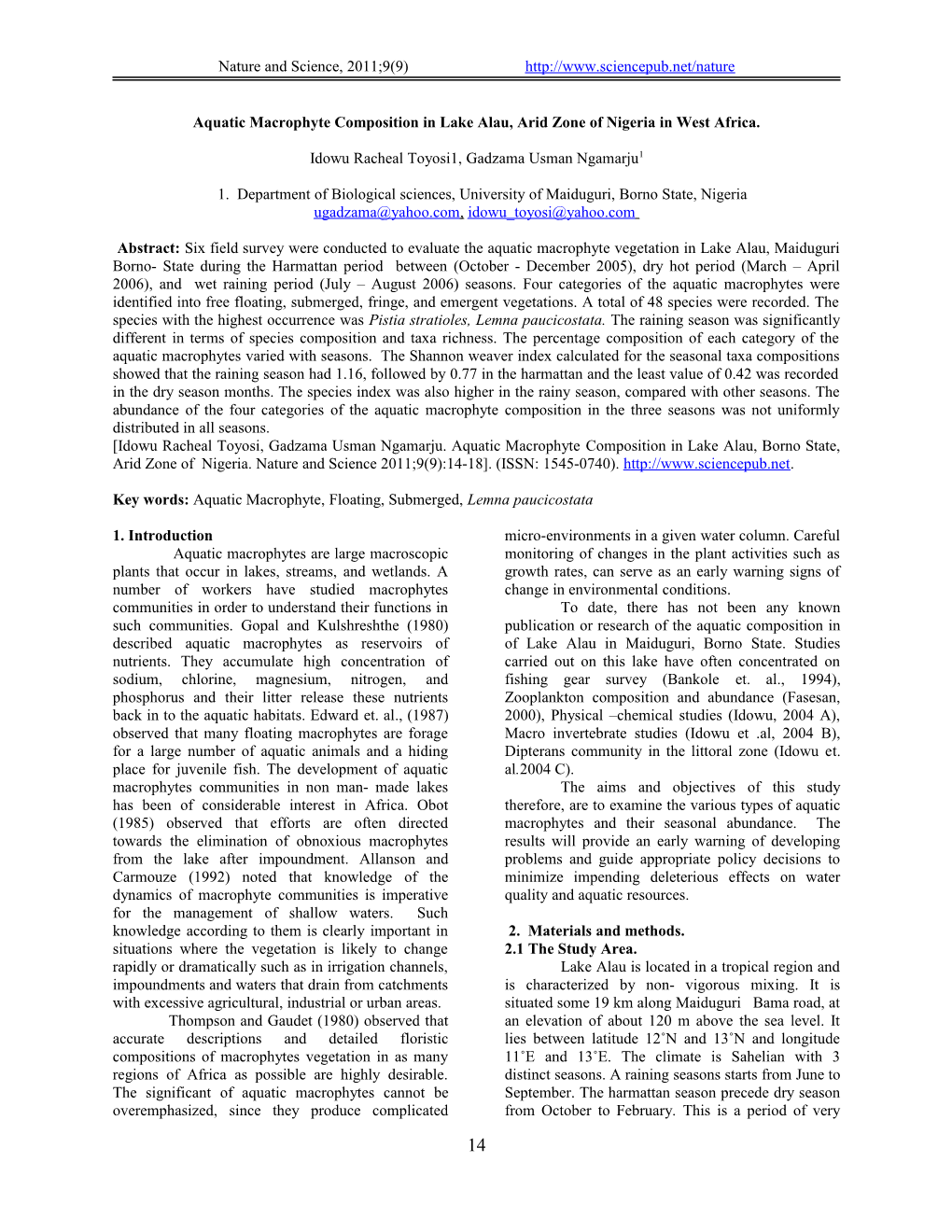 Aquatic Macrophyte Composition in Lake Alau, Boano State ,Nigeria