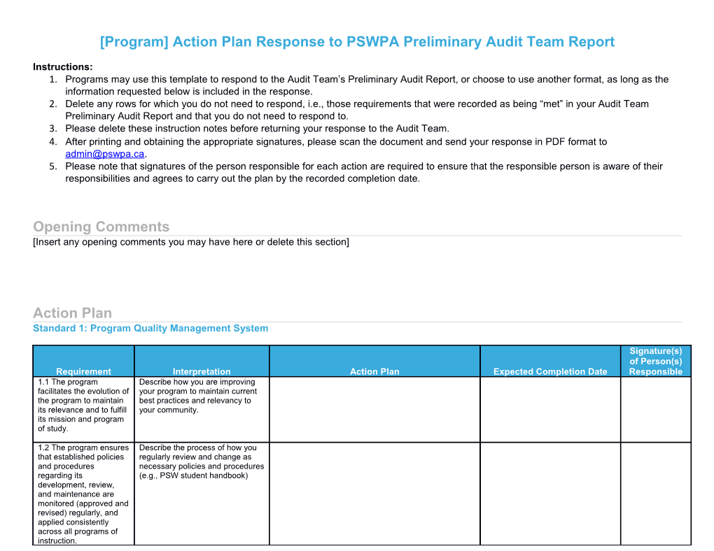 Program Action Plan Response to PSWPA Preliminary Audit Team Report