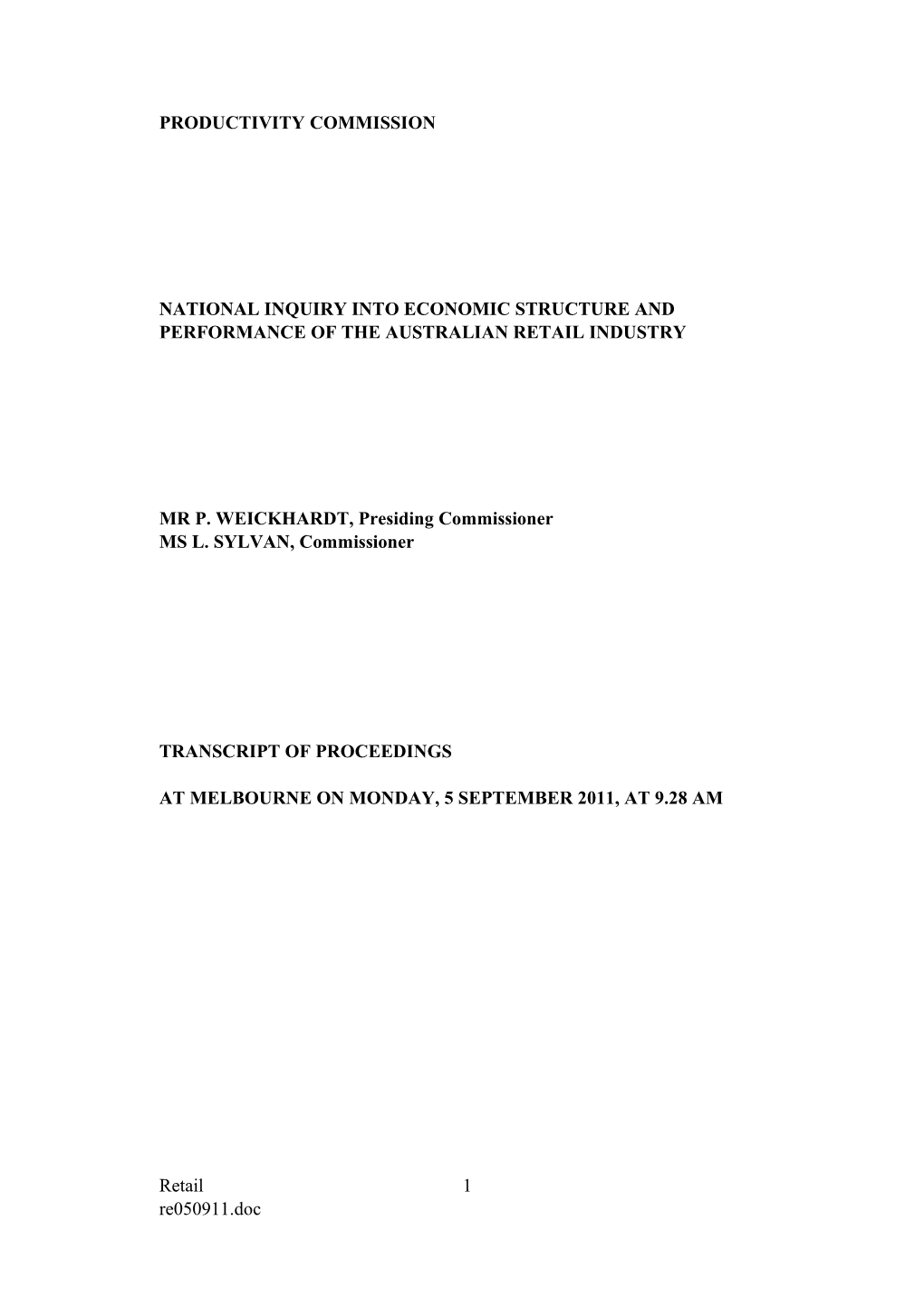 5 September 2011 - Melbourne Public Hearing Transcript - Economic Structure and Performance