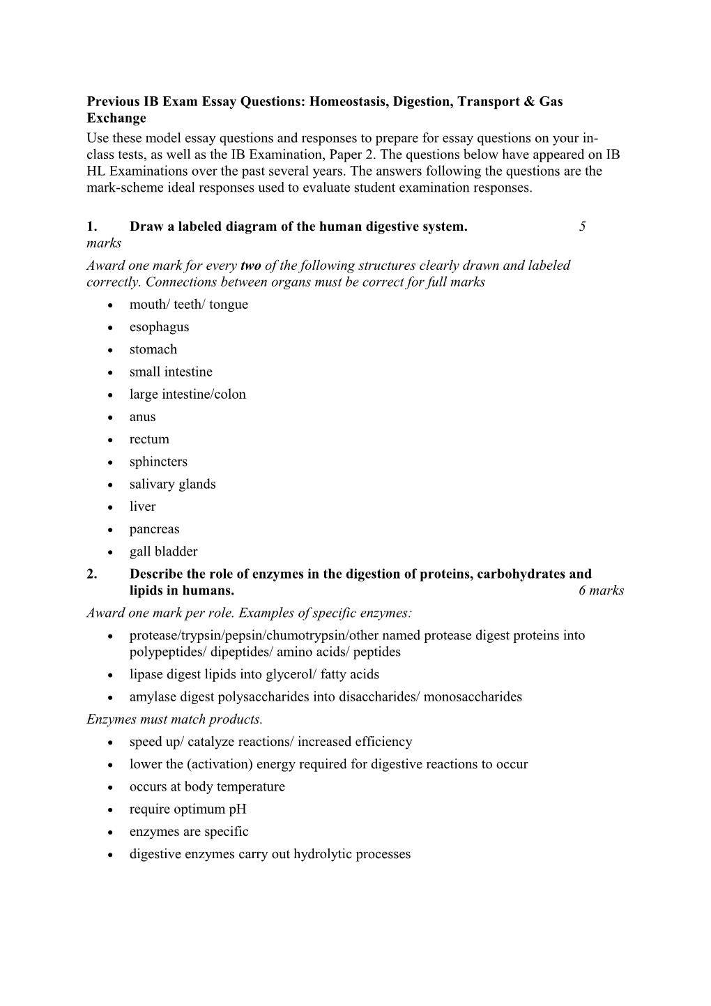 Previous IB Exam Essay Questions: Homeostasis, Digestion, Transport & Gas Exchange