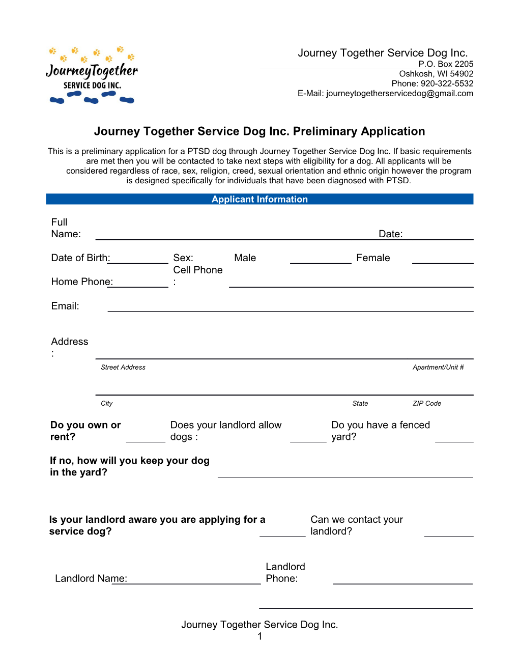 Journey Together Service Dog Inc.Preliminary Application