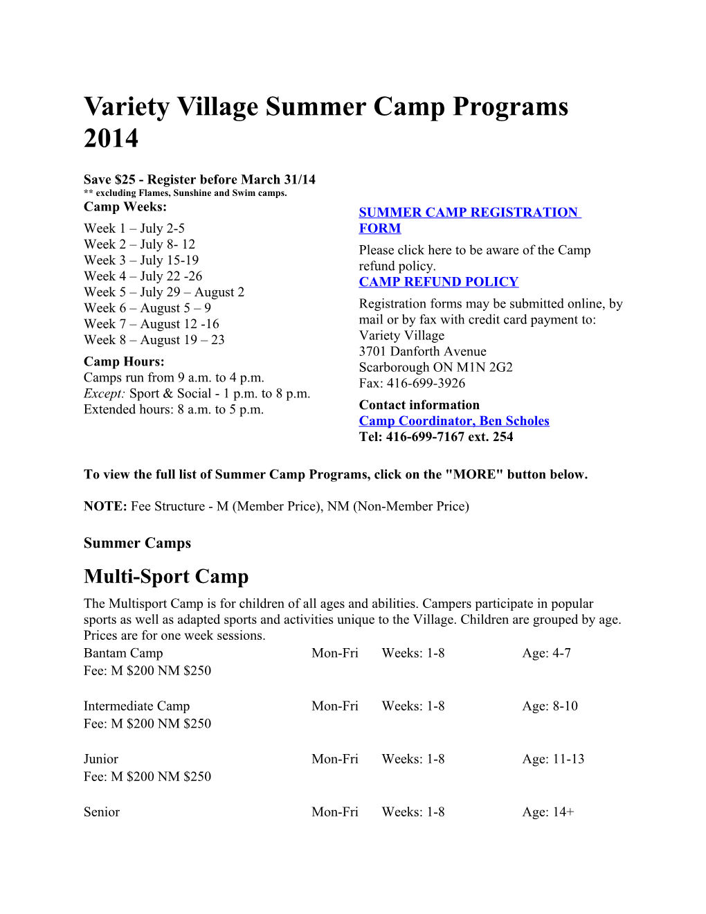 Variety Village Summer Camp Programs 2014