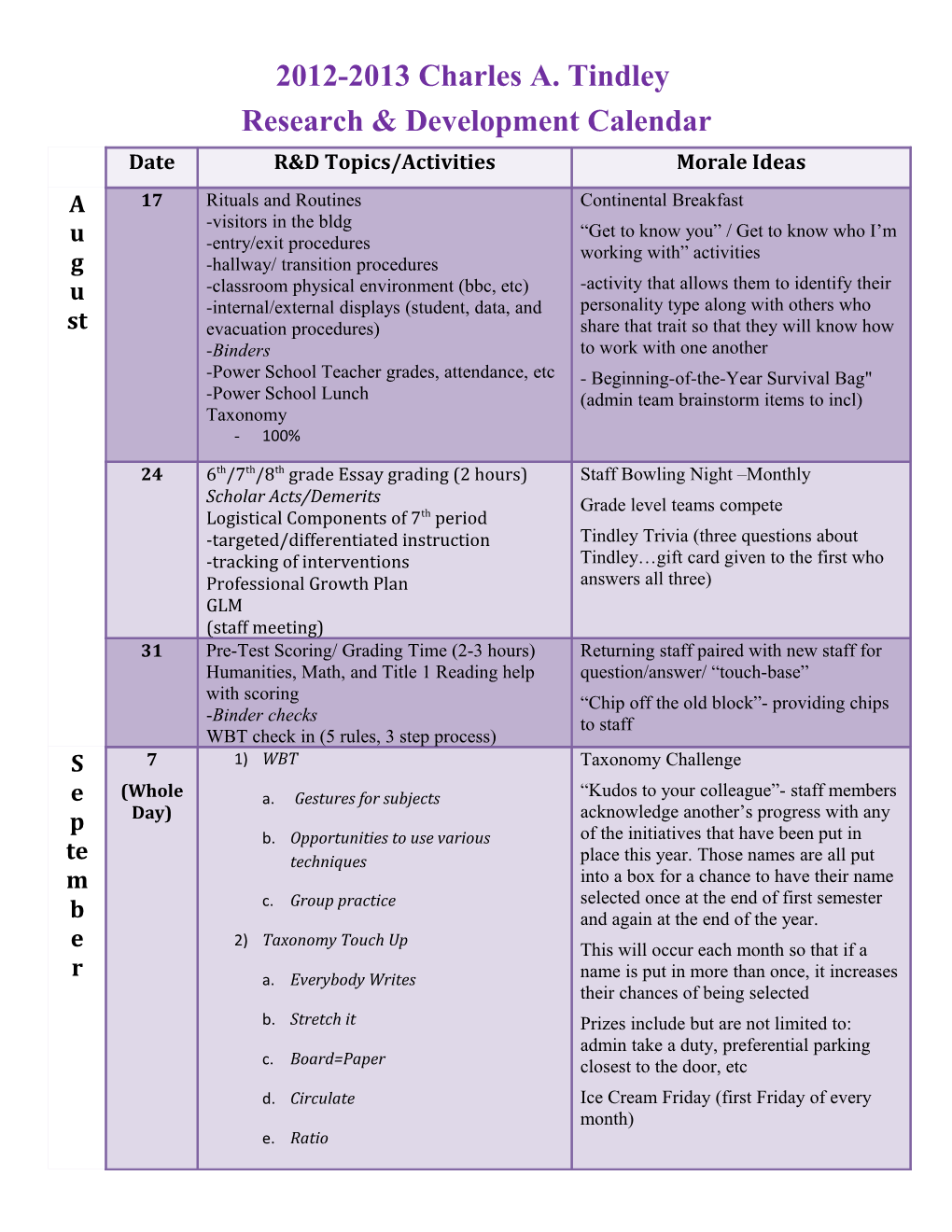 Research & Development Calendar