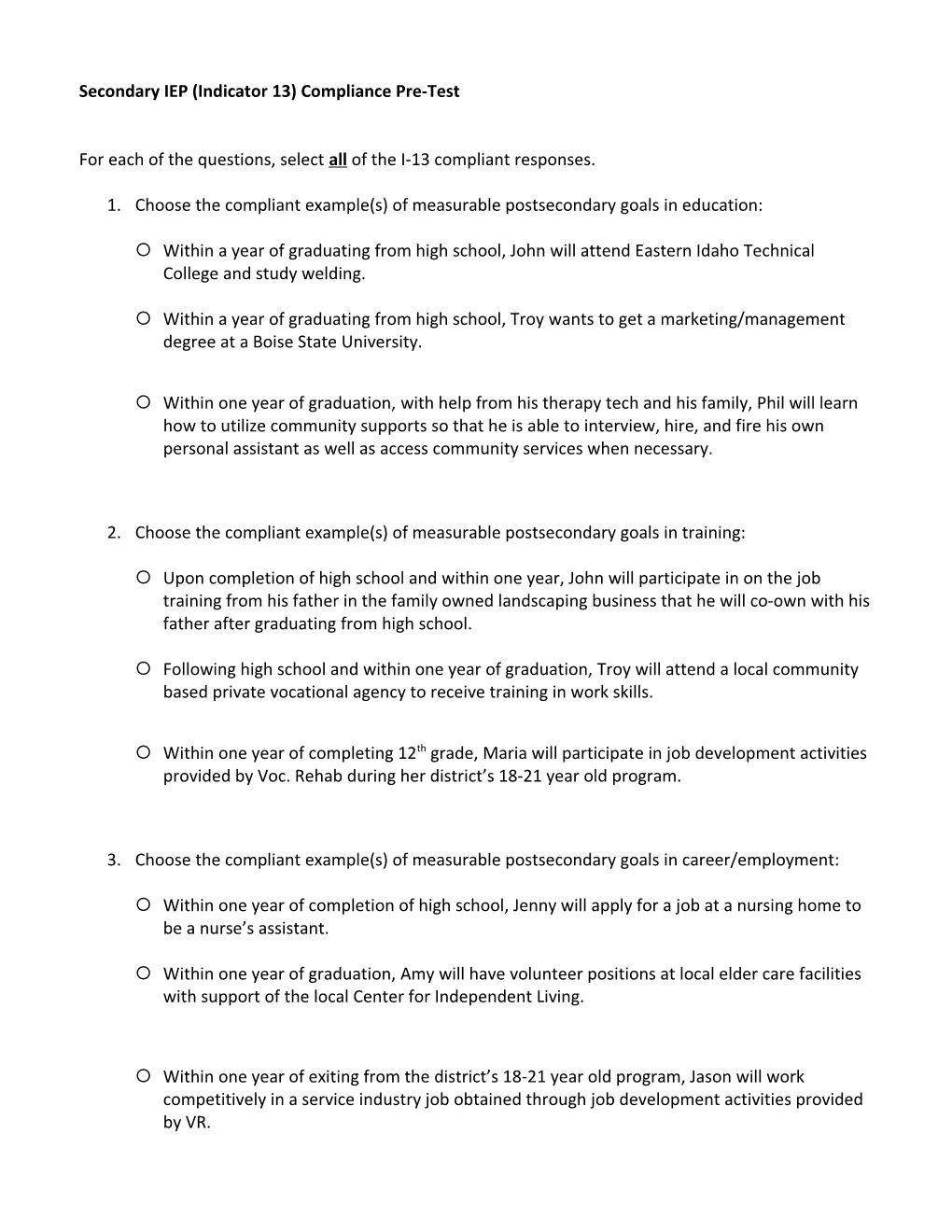 Secondary IEP (Indicator 13) Compliance Pre-Test