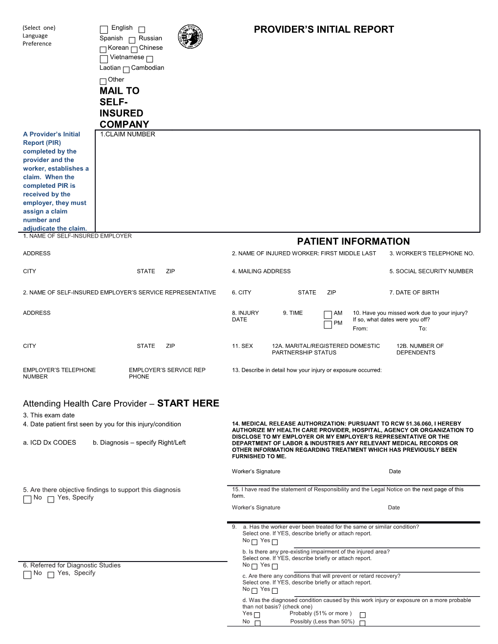 Self-Insurance Provider's Initial Report