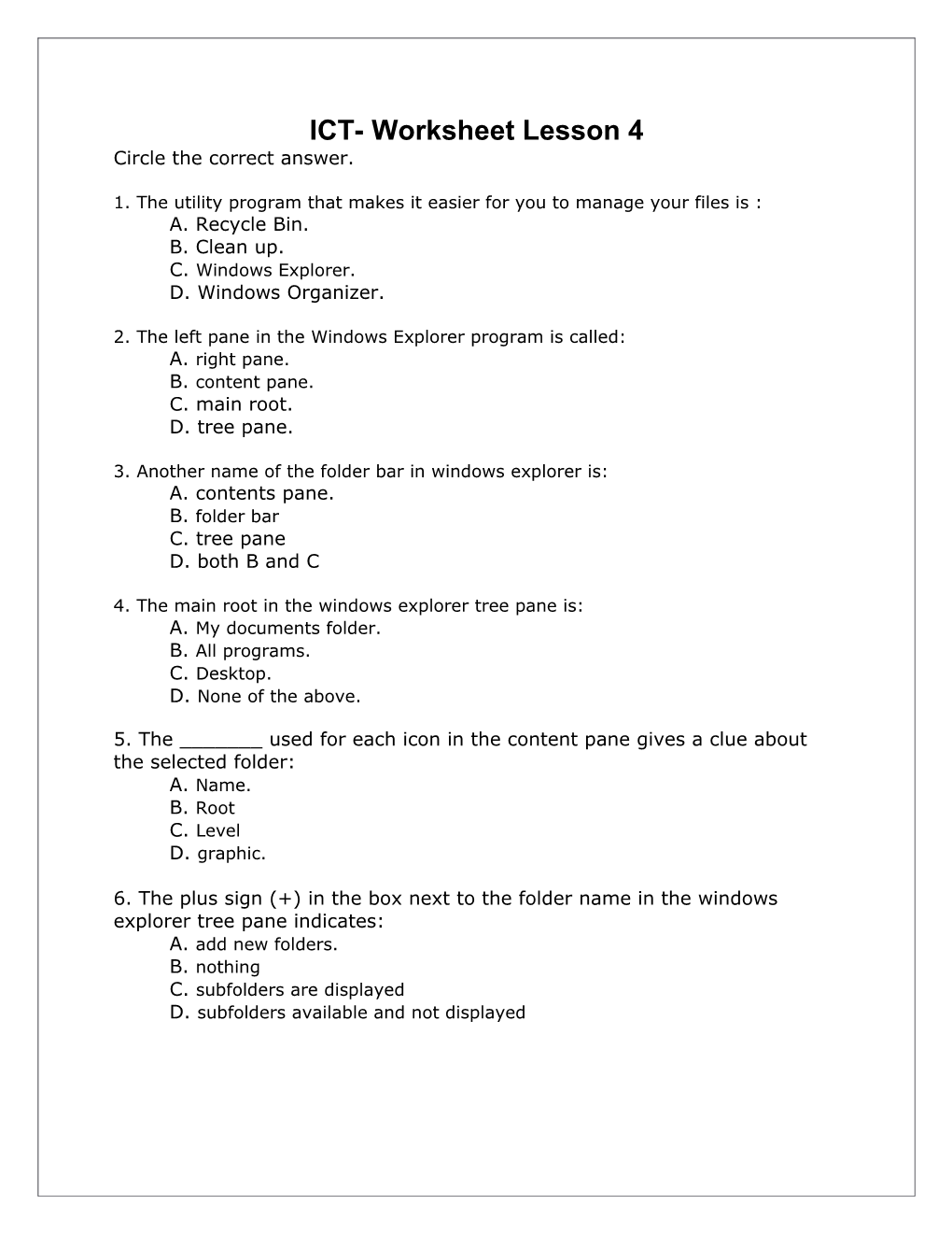 ICT- Worksheet Lesson 4