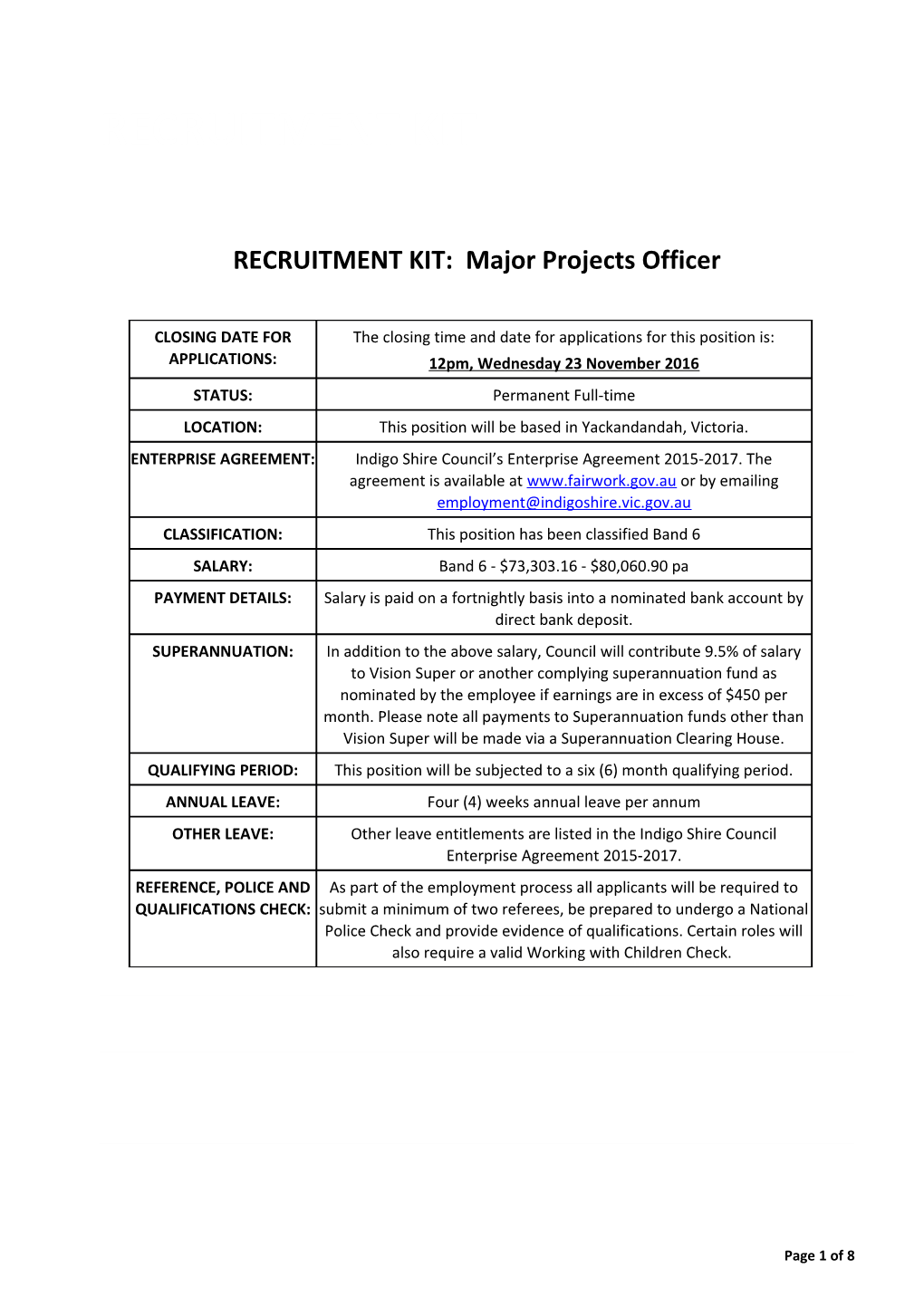 RECRUITMENT KIT: Major Projects Officer