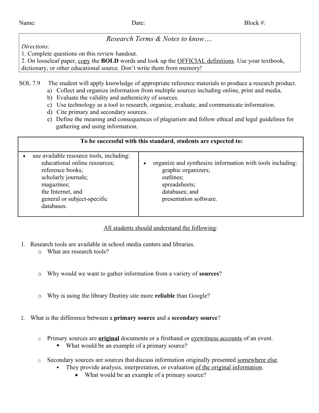 Research Terms & Notes to Know