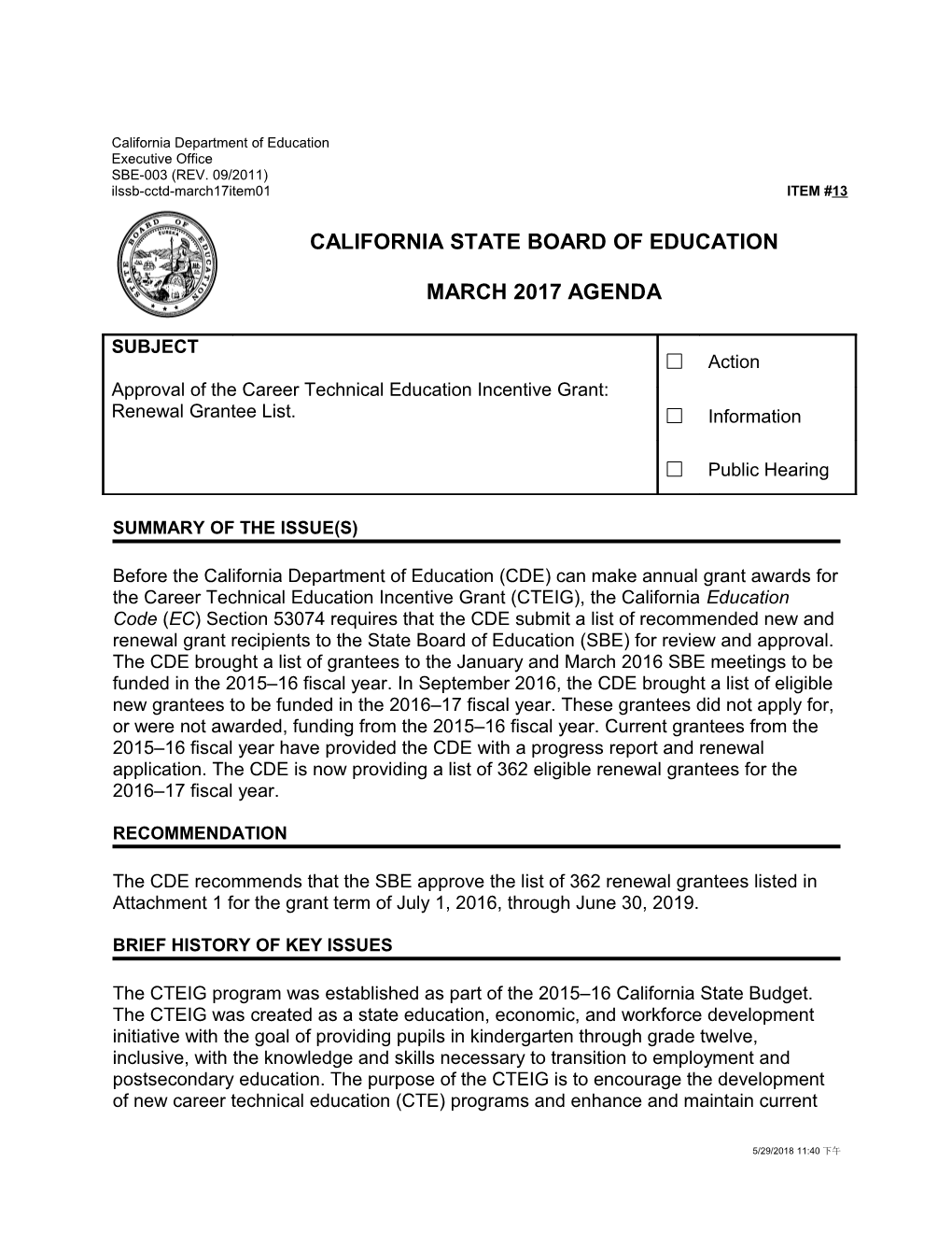 March 2017 Agenda Item 13 - Meeting Agendas (CA State Board of Education)