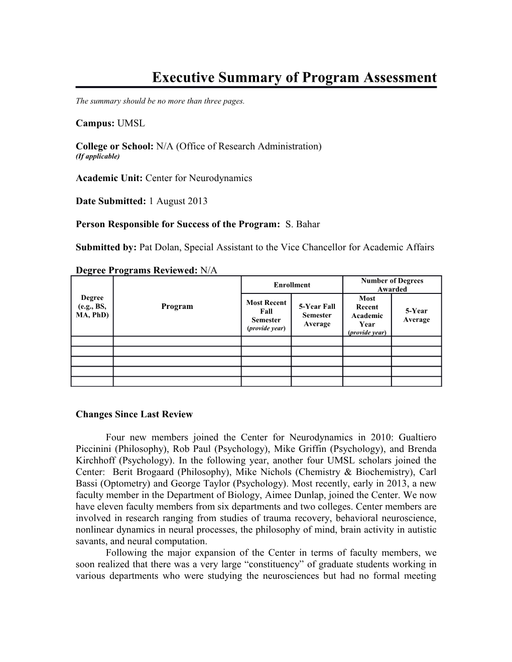 Executive Summary of Program Assessment