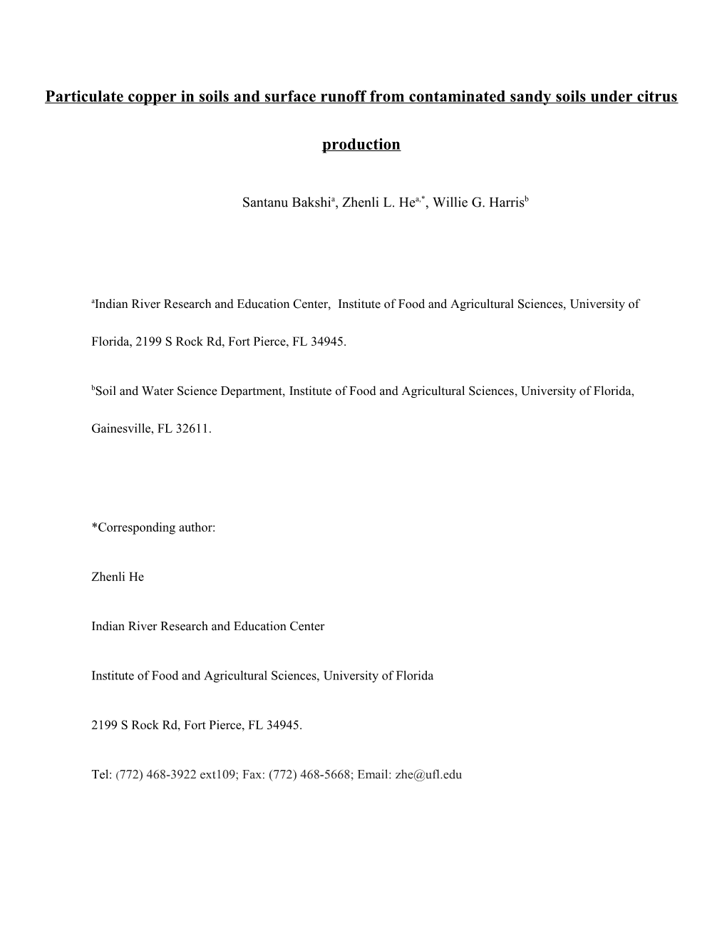 Particulate Copper in Soils and Surface Runoff from Contaminated Sandy Soils Under Citrus