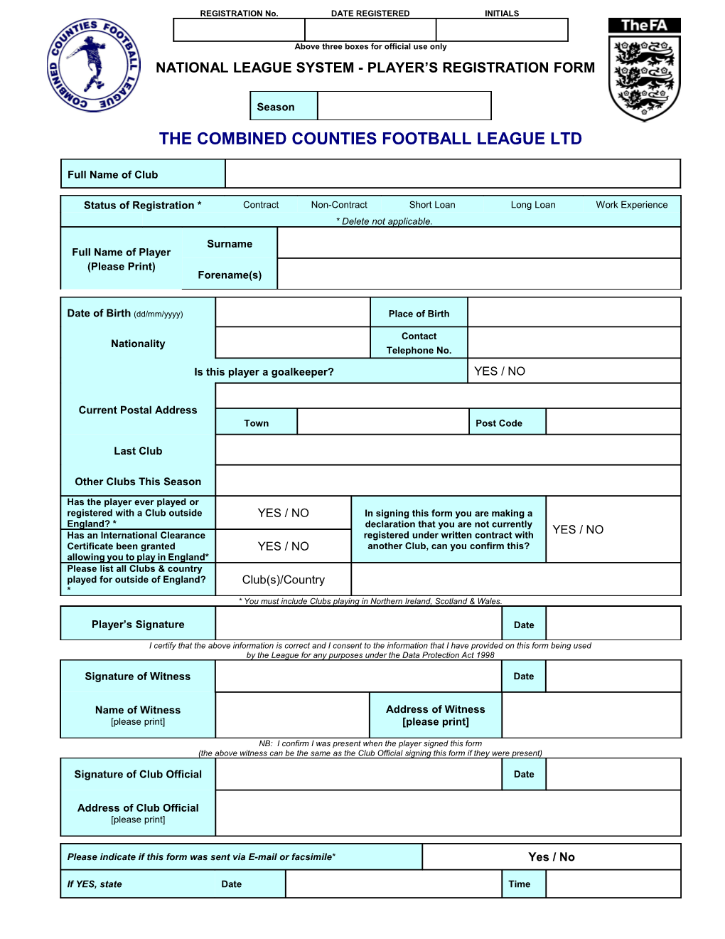 National League System Player S Registration Form