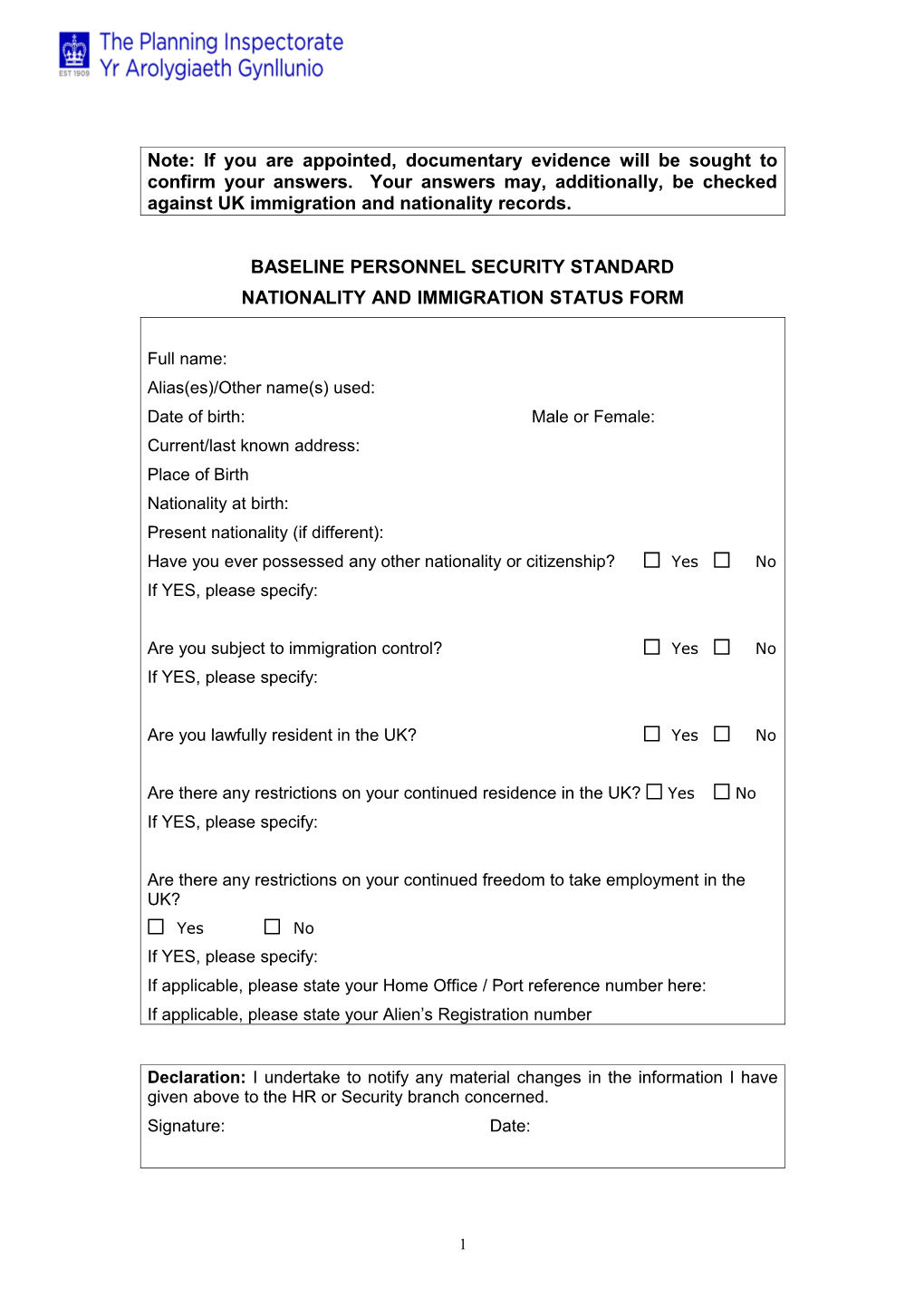 Nationality and Immigration Status Form