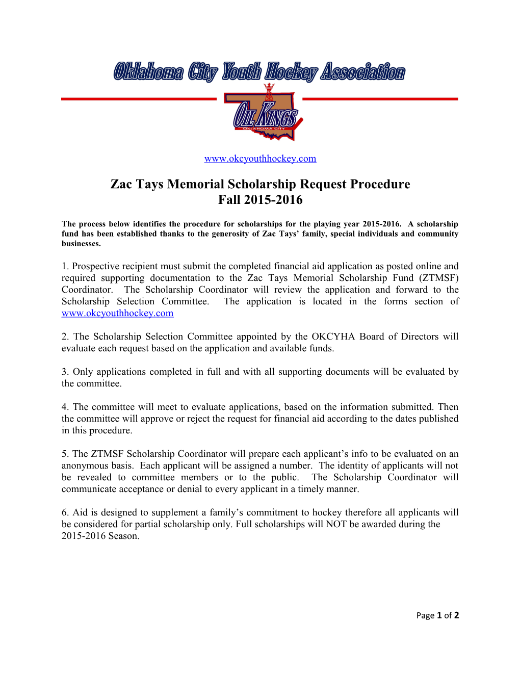Zac Tays Memorial Scholarship Request Procedure