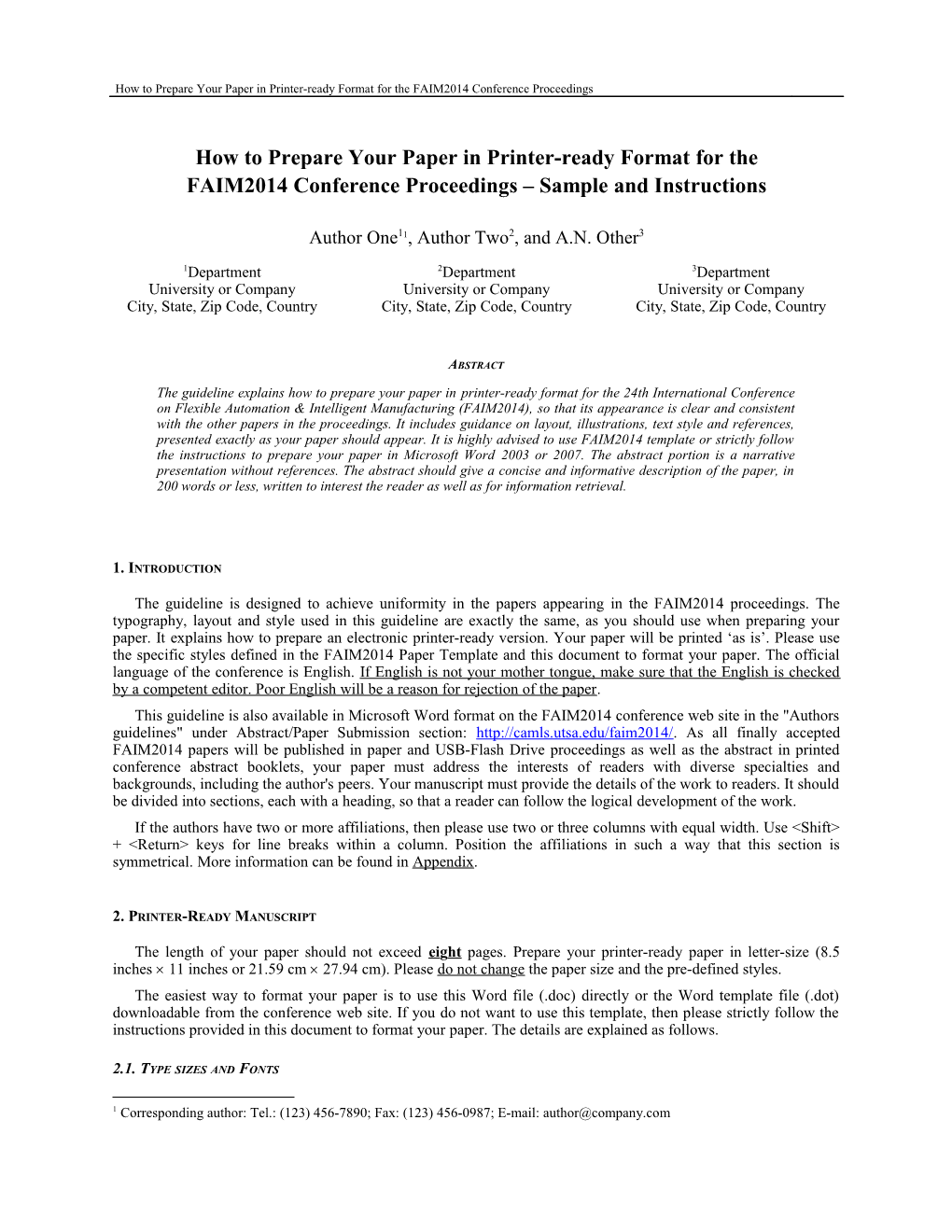 How to Prepare Your Paper in Printer-Ready Format for the FAIM2014 Conference Proceedings