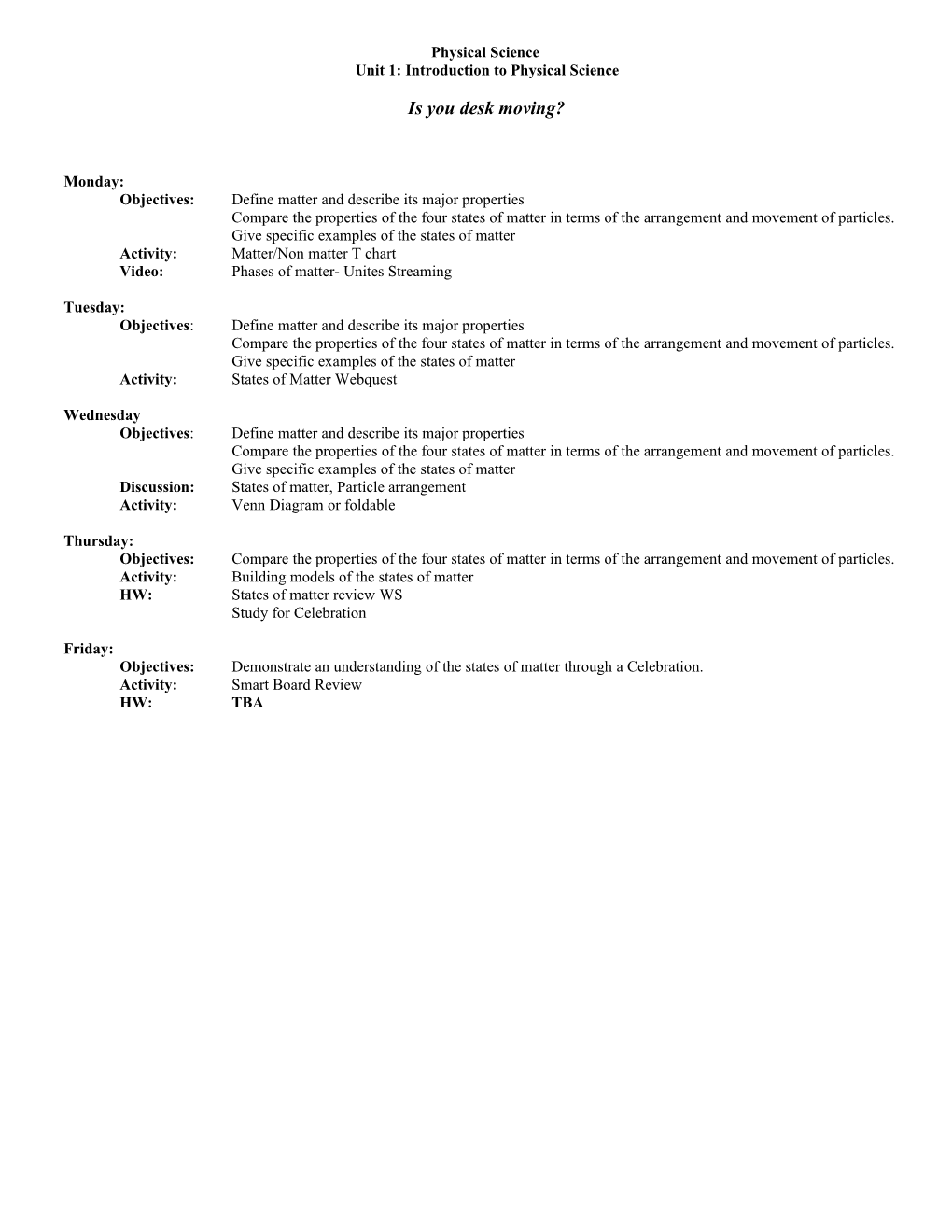 Unit 1: Introduction to Physical Science