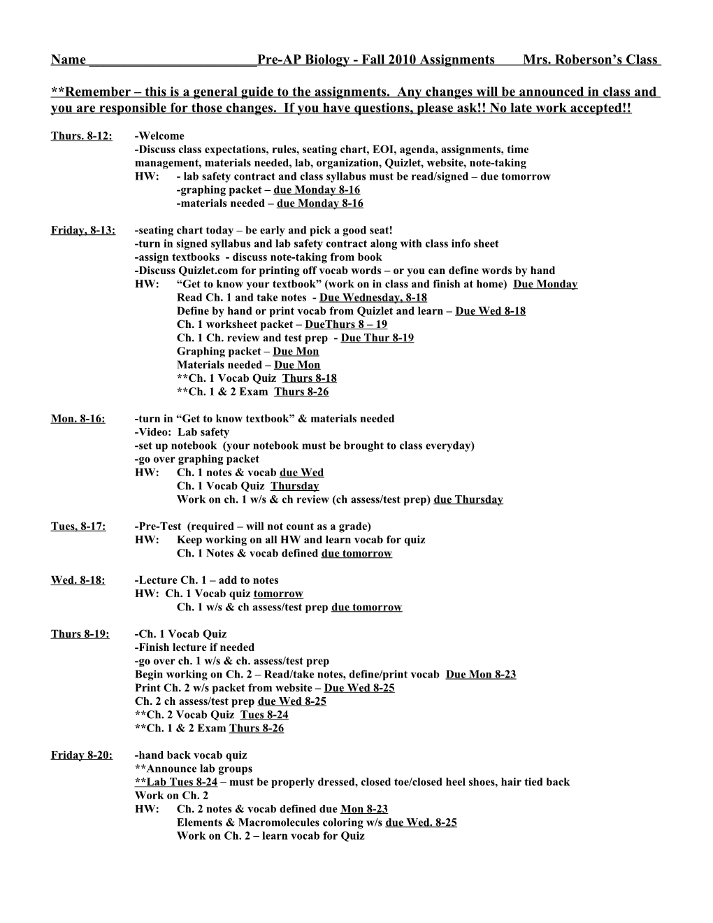 Pre-AP Biology August/September 2010 Assignments Mrs