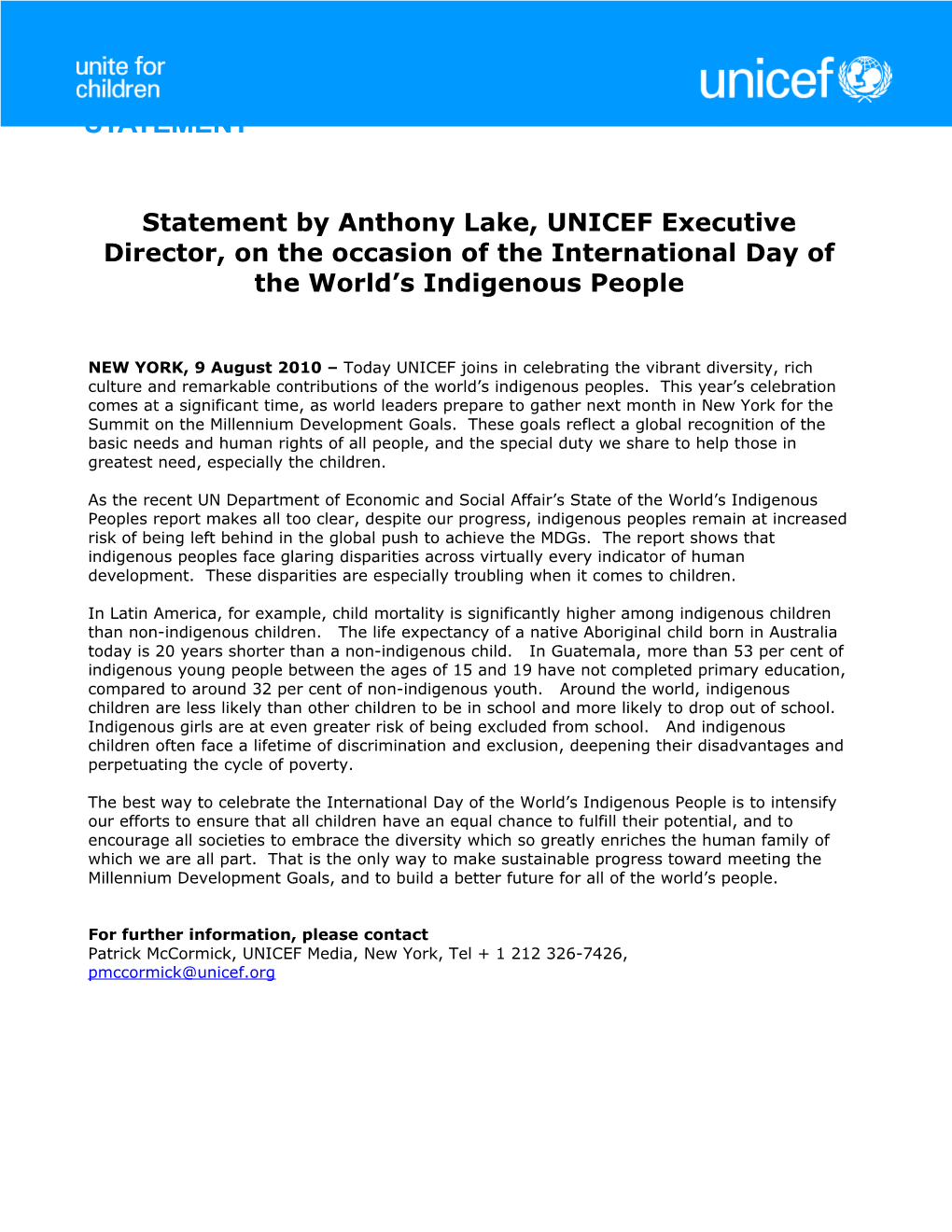 Statement by Anthony Lake, UNICEF Executive Director, on the Occasion of the International