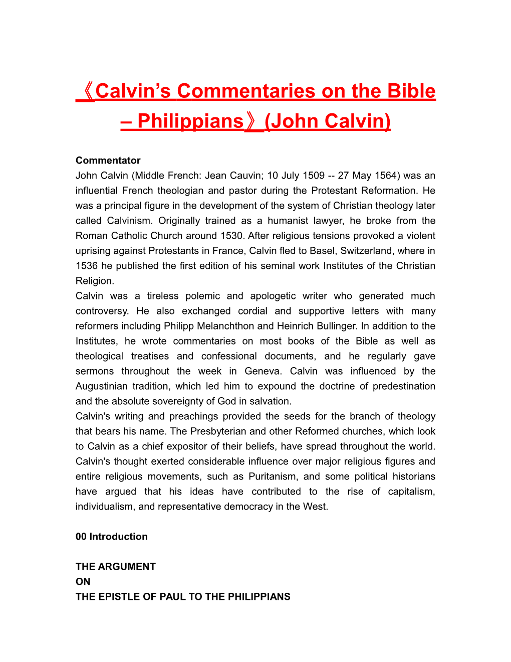 Calvin Scommentaries on the Bible Philippians (John Calvin)