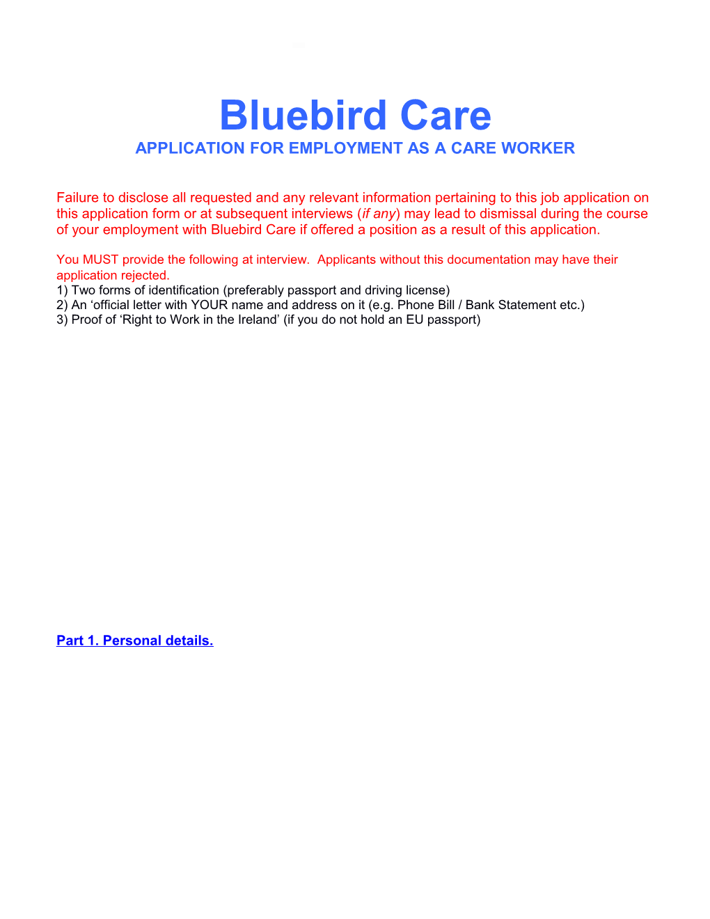 Application for Employment As a Care Worker