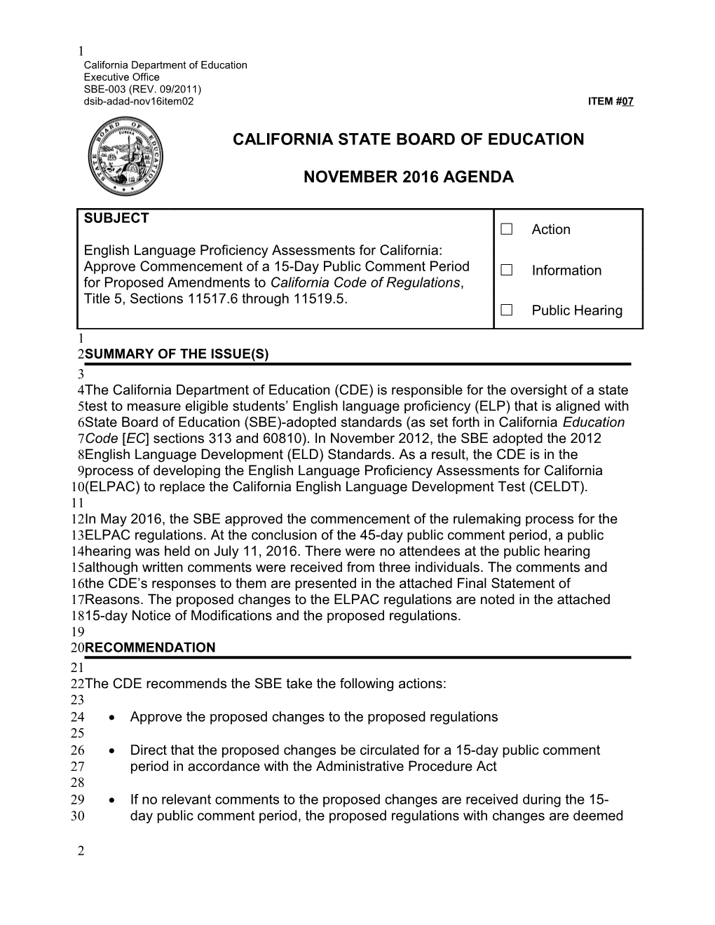 November 2016 Agenda Item 07 - Meeting Agendas (CA State Board of Education)