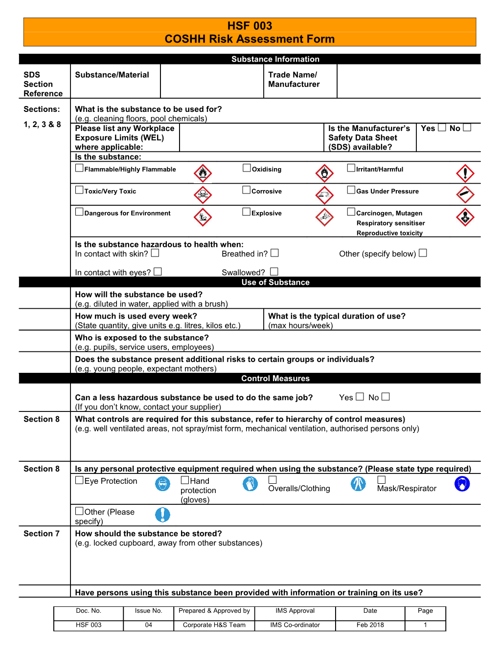 COSHH Assessment Form