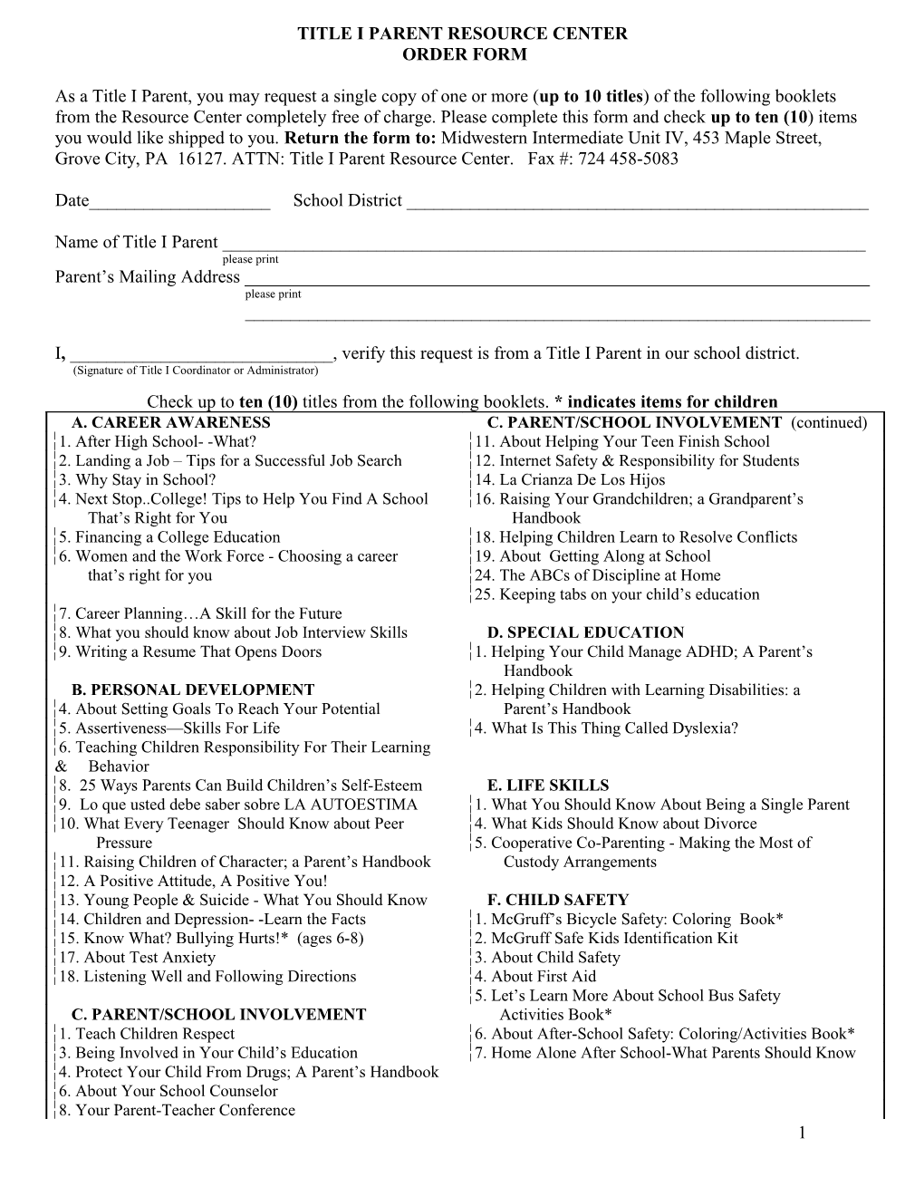 Title I Parent Resource Center Order Form