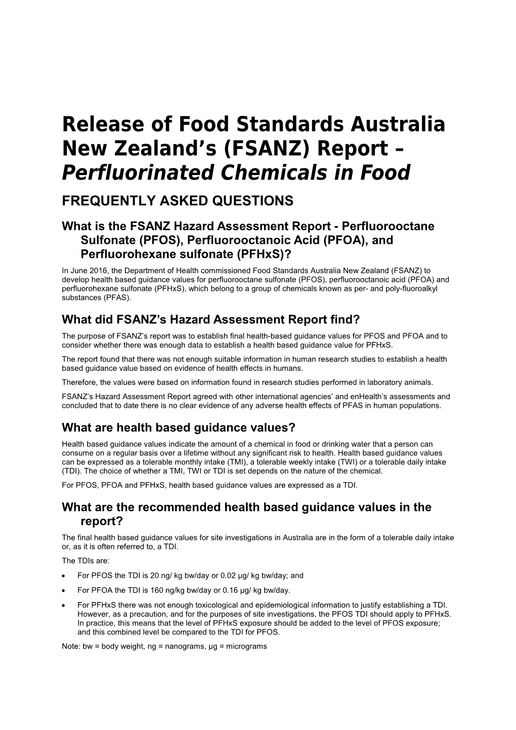Release of Food Standards Australia New Zealand S (FSANZ) Report Perfluorinated Chemicals