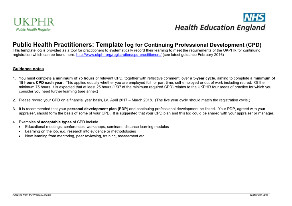 Public Health Practitioners: Template Log for Continuing Professional Development (CPD)