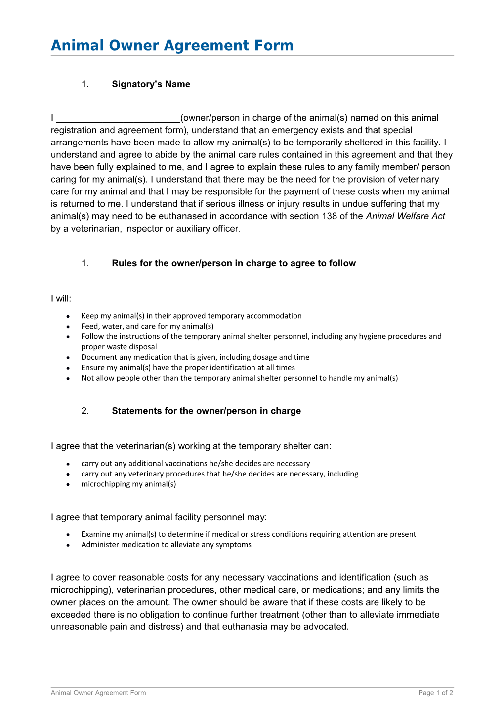 Animal Owner Agreement Form - November 2015 - Ministry of Civil Defence & Emergency Management