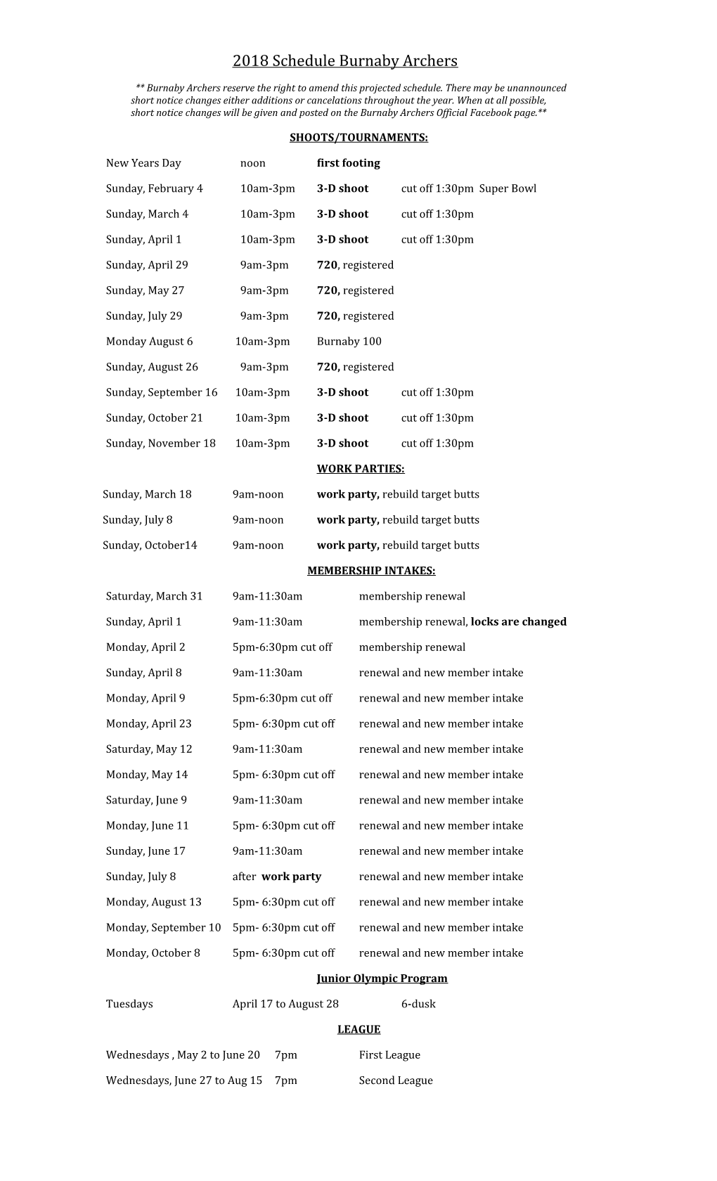 2018Schedule Burnaby Archers