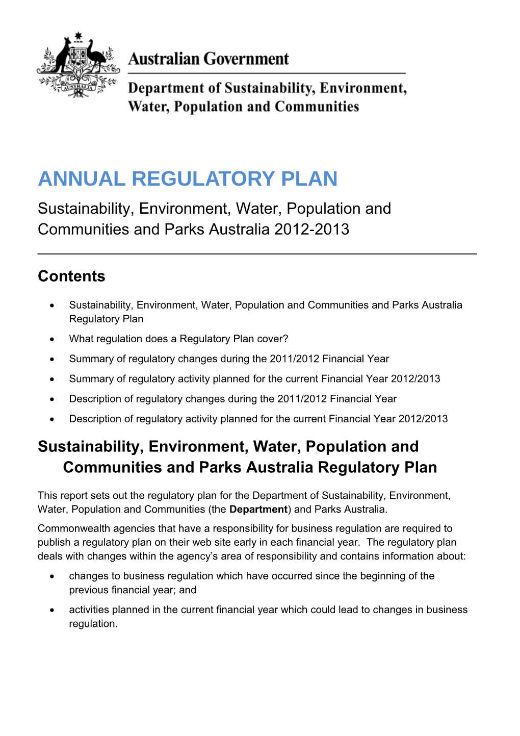 Annual Regulatory Plan - Sustainability, Environment, Water, Population and Communities