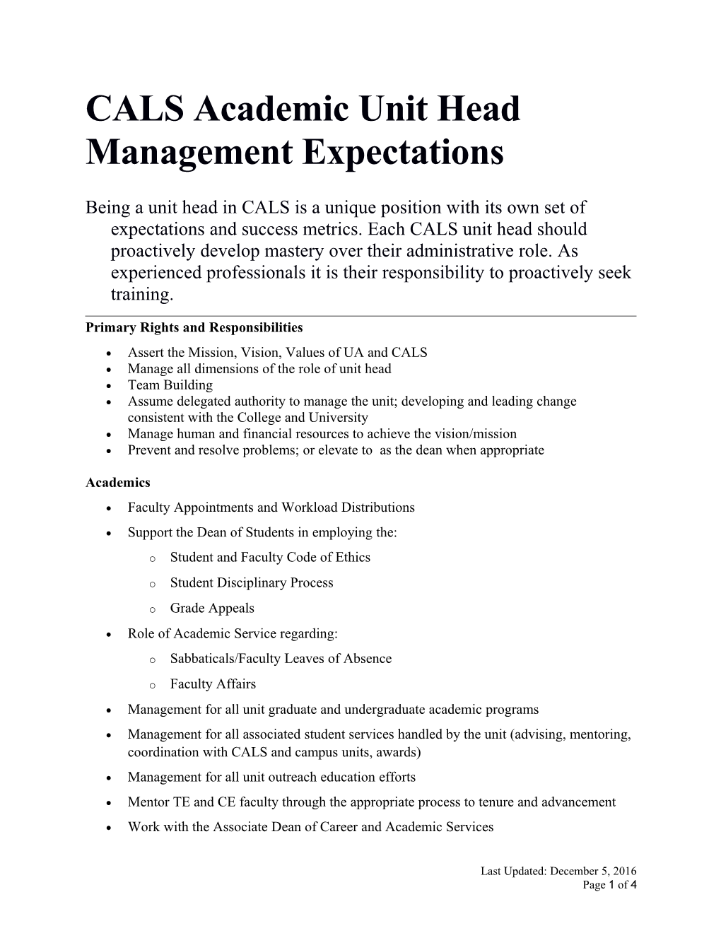 CALS Academic Unit Head Management Expectations