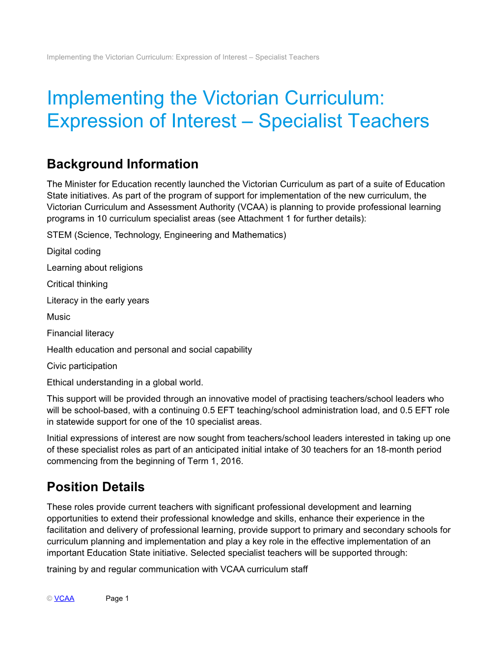 Implementing the Victorian Curriculum: Expression of Interest Specialist Teachers