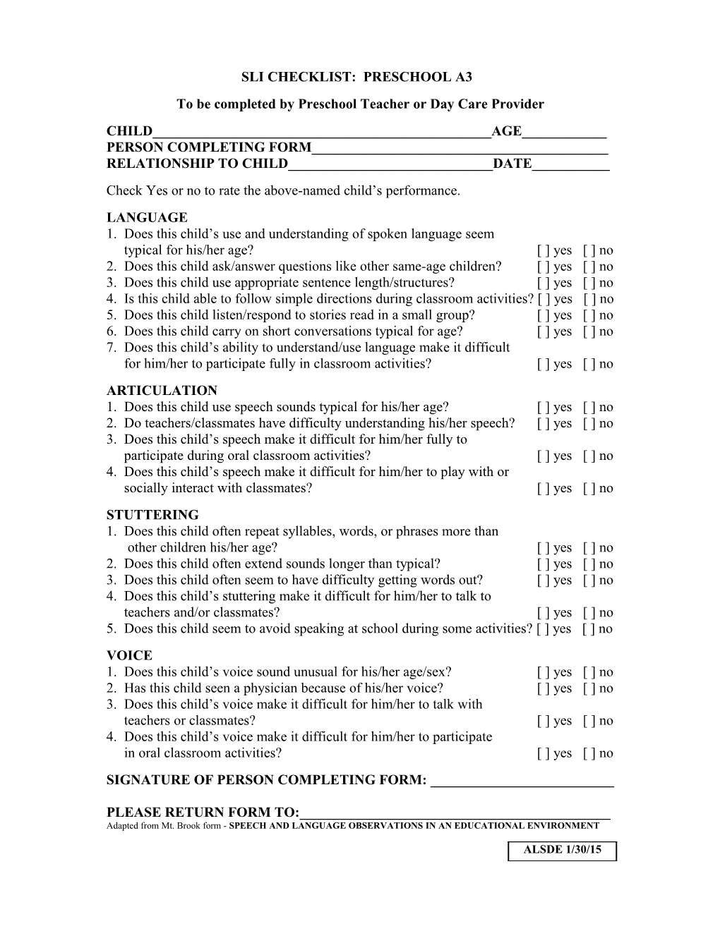 Sli Checklist: Preschool A3