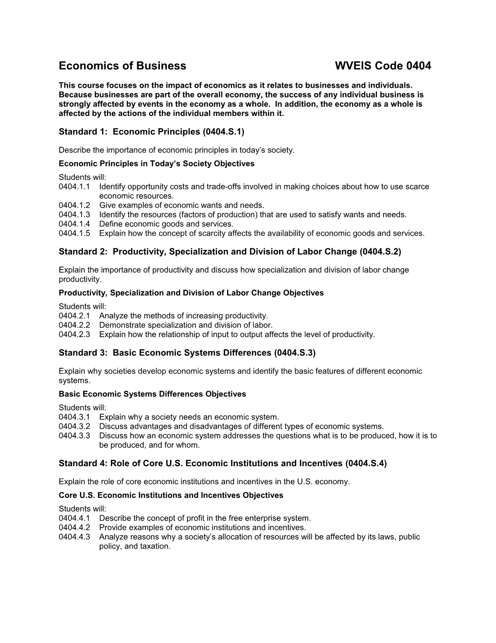 Economics of Business WVEIS Code 0404