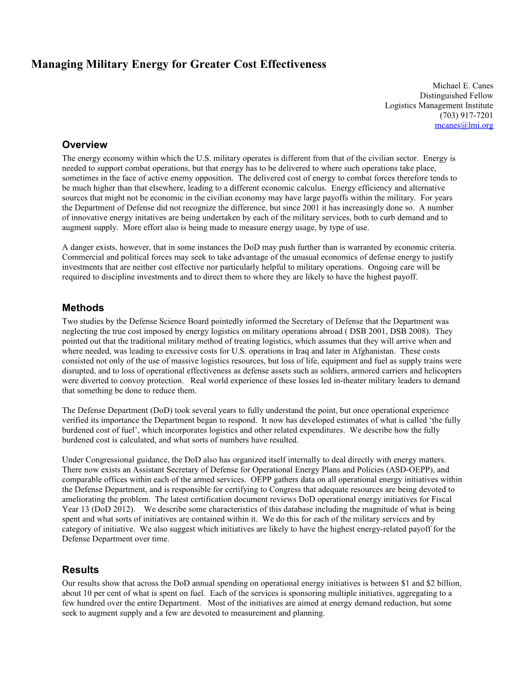 Managing Military Energy for Greater Cost Effectiveness