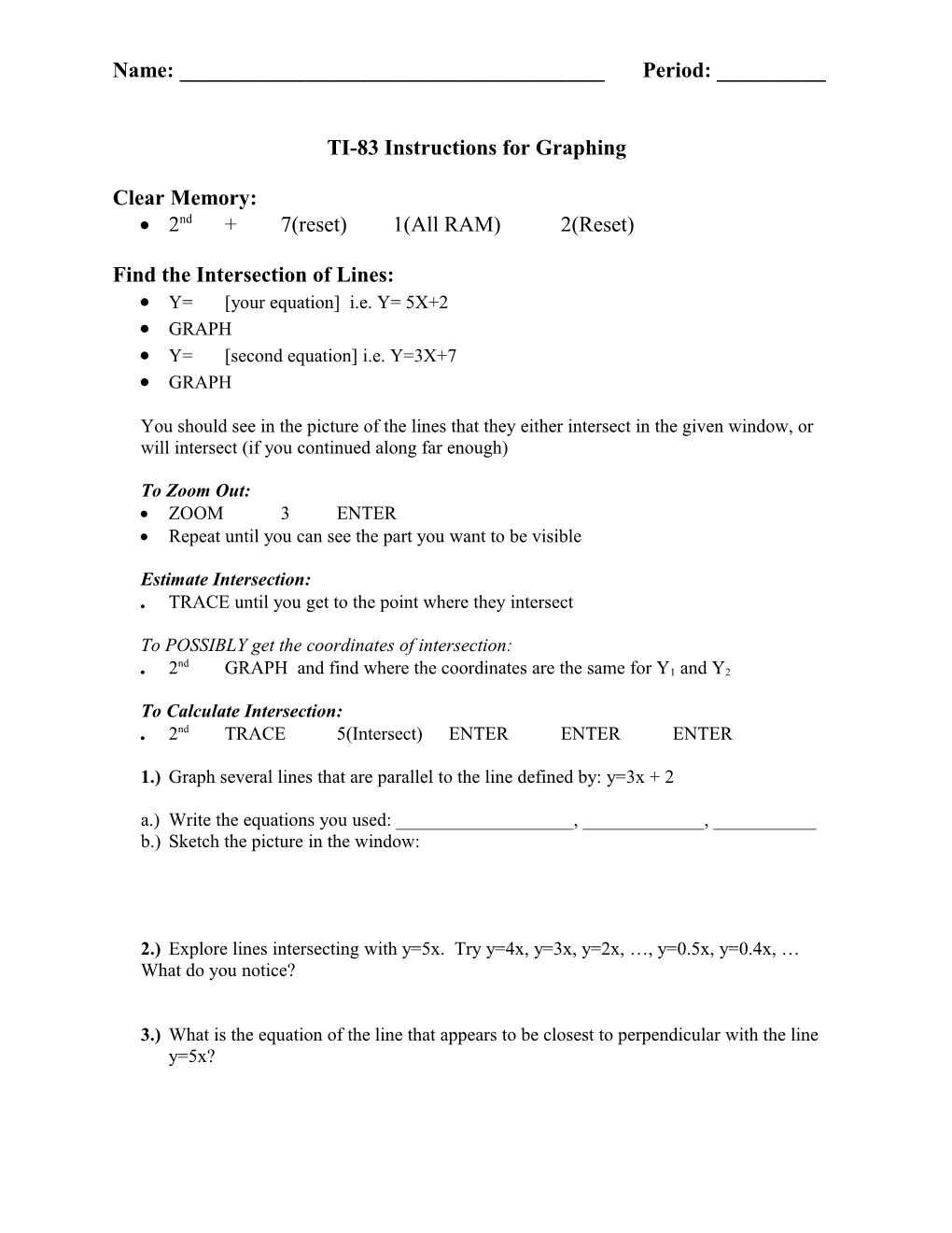 TI-83 Instructions for Graphing