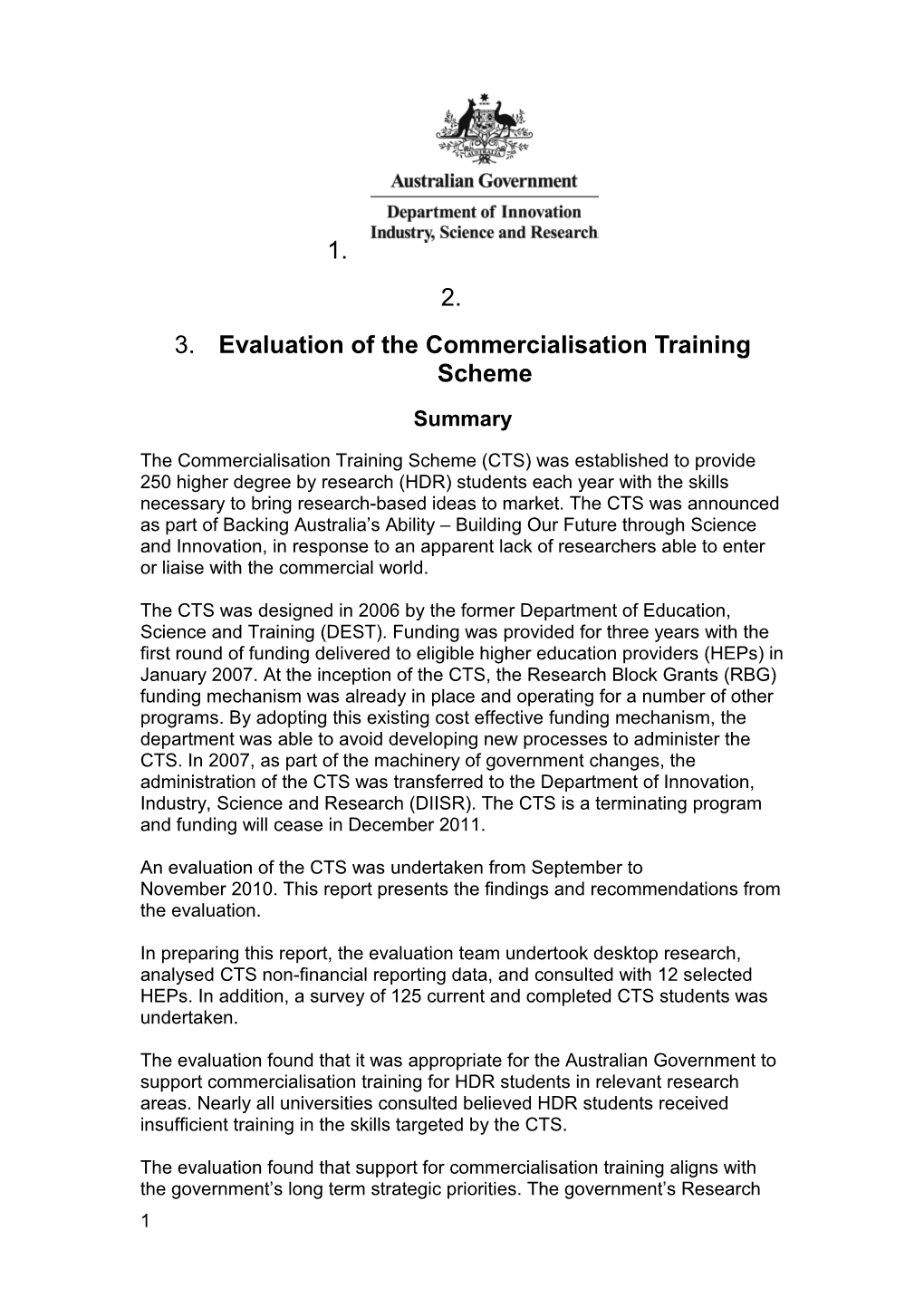 Evaluation of the Commercialisation Training Scheme - Summary Report