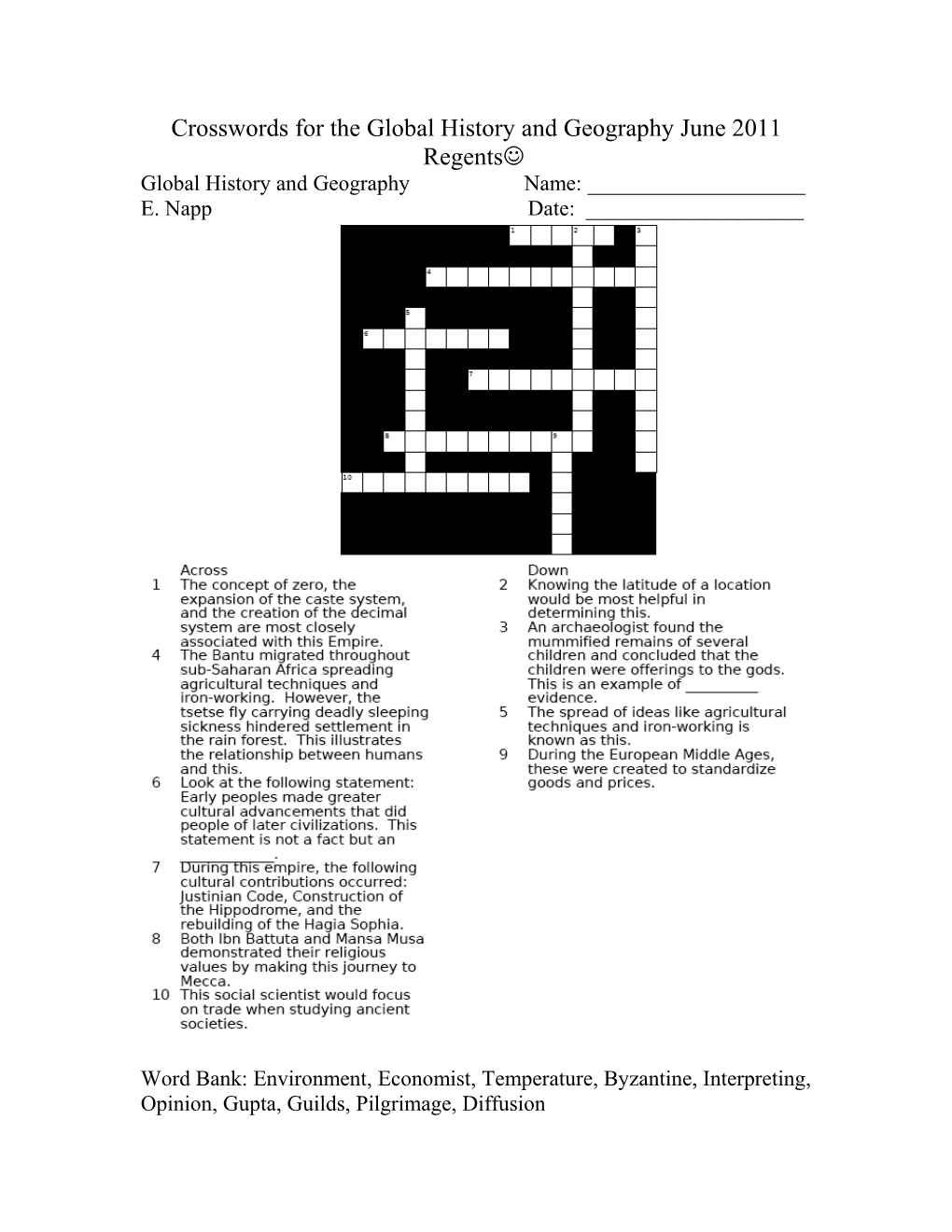 Crosswords for the Global History and Geography January 2008 Regents