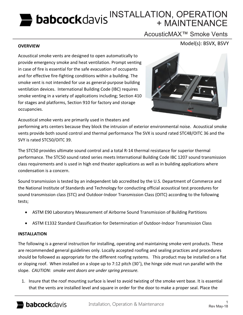 Babcock SV Smoke Vents SVX SVY IOM Acoustical STC 48 STC 50