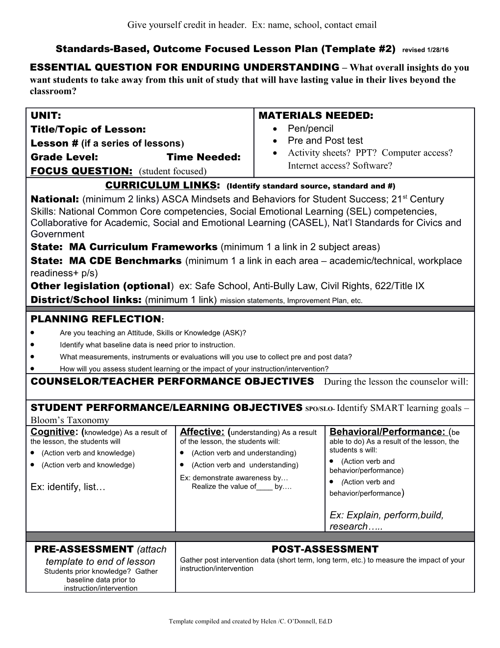 Standards-Based, Outcome Focused Lesson Plan (Template #2) Revised 1/28/16