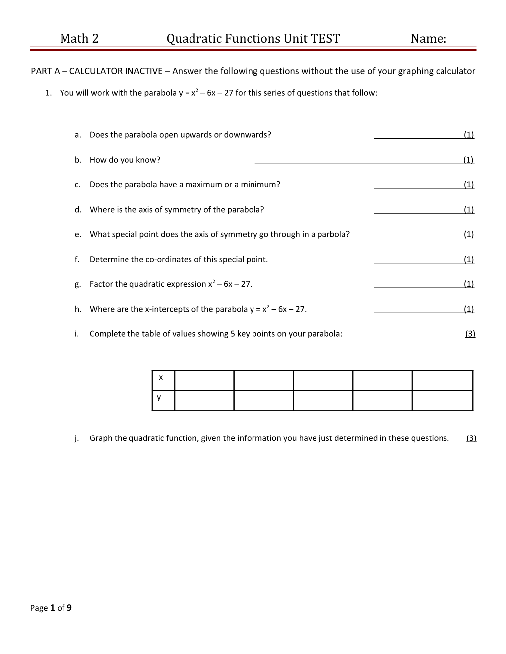 Quadratic Functions Unit TEST