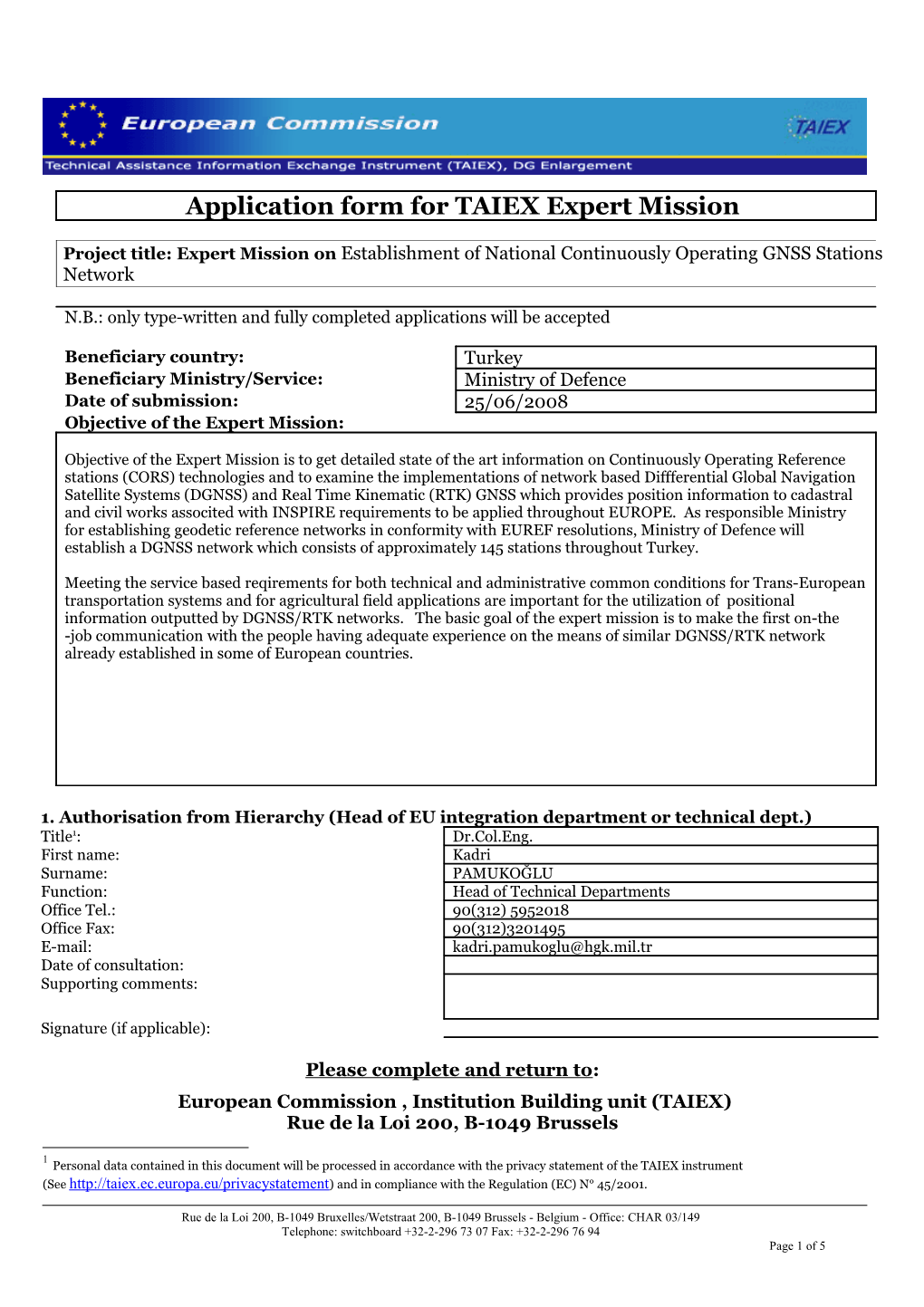 Application Form for TAIEX Expert Mission