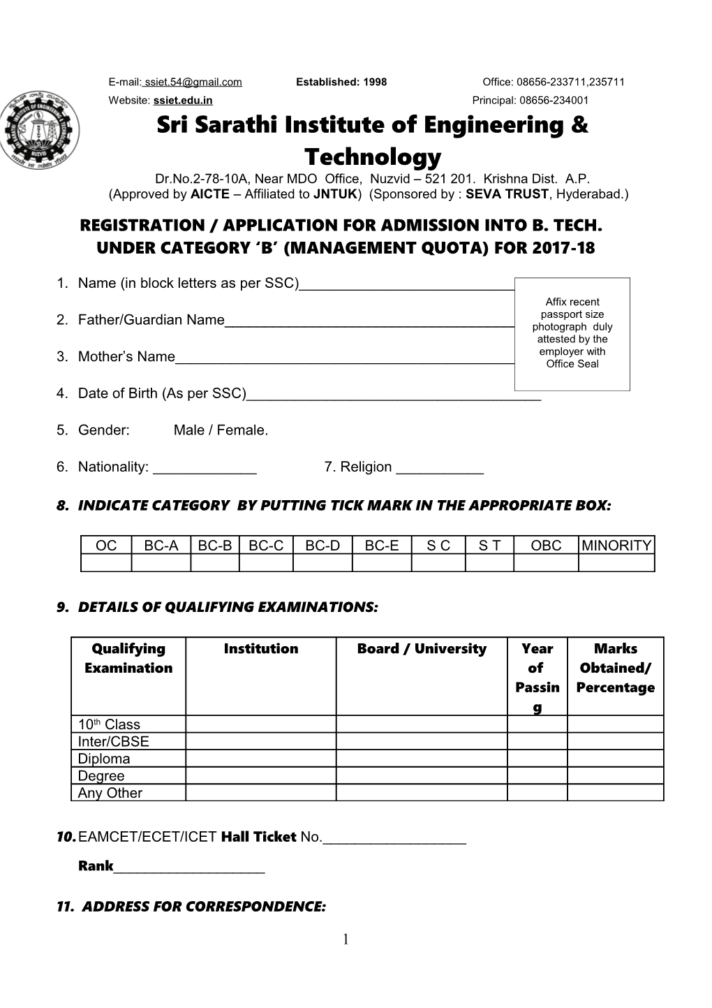 Registration / Application for Admission Into B. Tech